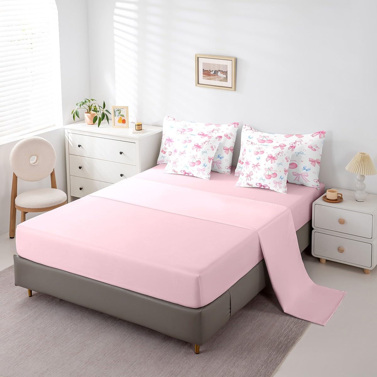 7 Pieces Pink Bow Girls Comforter Set Full,Cherry Bowknot Print for Kids Girl Woman,Butterfly Bow Bedding Cute Sweet Princess Style Comforter+Fitted+Flat Sheet+2 Pillowcases+2 Throw Pillow Covers