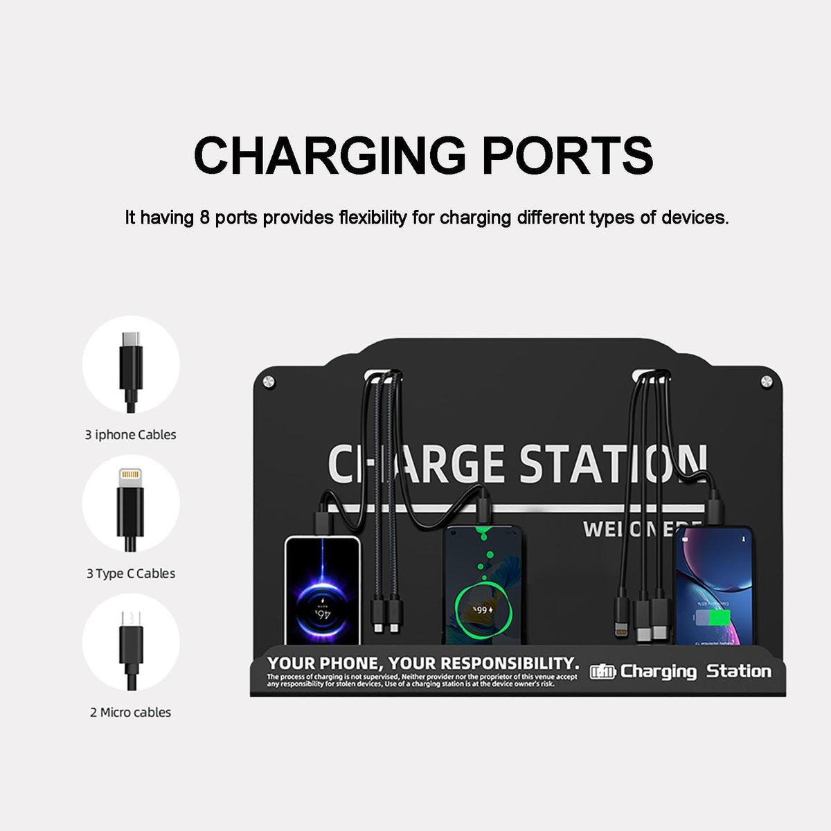 Wall Mounted Cell Phone Charging Station Mobile Phone Charging Station | Fast Charging 8 Device | Compatible with iphone ipad Smartphone Tablets Port | Great for Offices Hotel Hospital Airport (Black)
