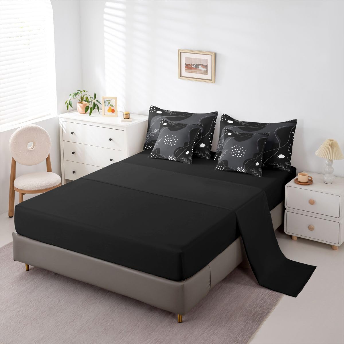 Erosebridal Mid Century Modern 7 Piece Comforter Set Full Bed in a Bag Boho Black Grey Bedding Sets Simplistic Geometrical Comforter and Sheet Set, Geometric Lines Bed Sets