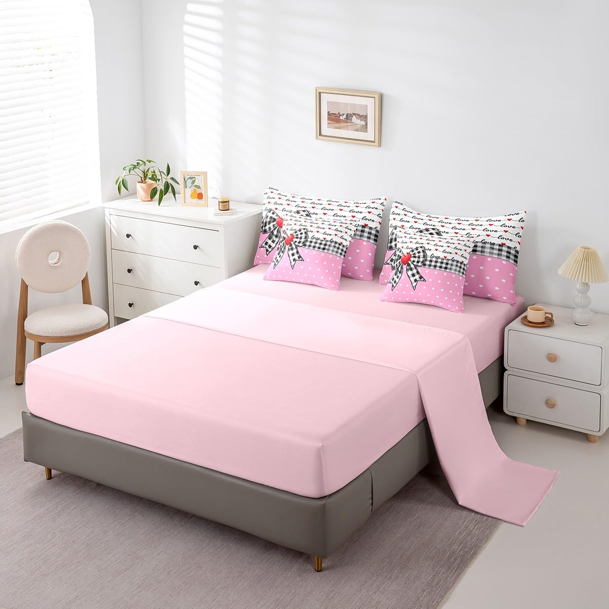 Erosebridal 7 Piece Valentine Bowknot Kids Comforter Set for Girls,Love Heart Shaped King Bedding Set for Girlfriend,Dreamy Princess Style Bed Set,Buffalo Plaid Grid Polka Dots Duvet Insert
