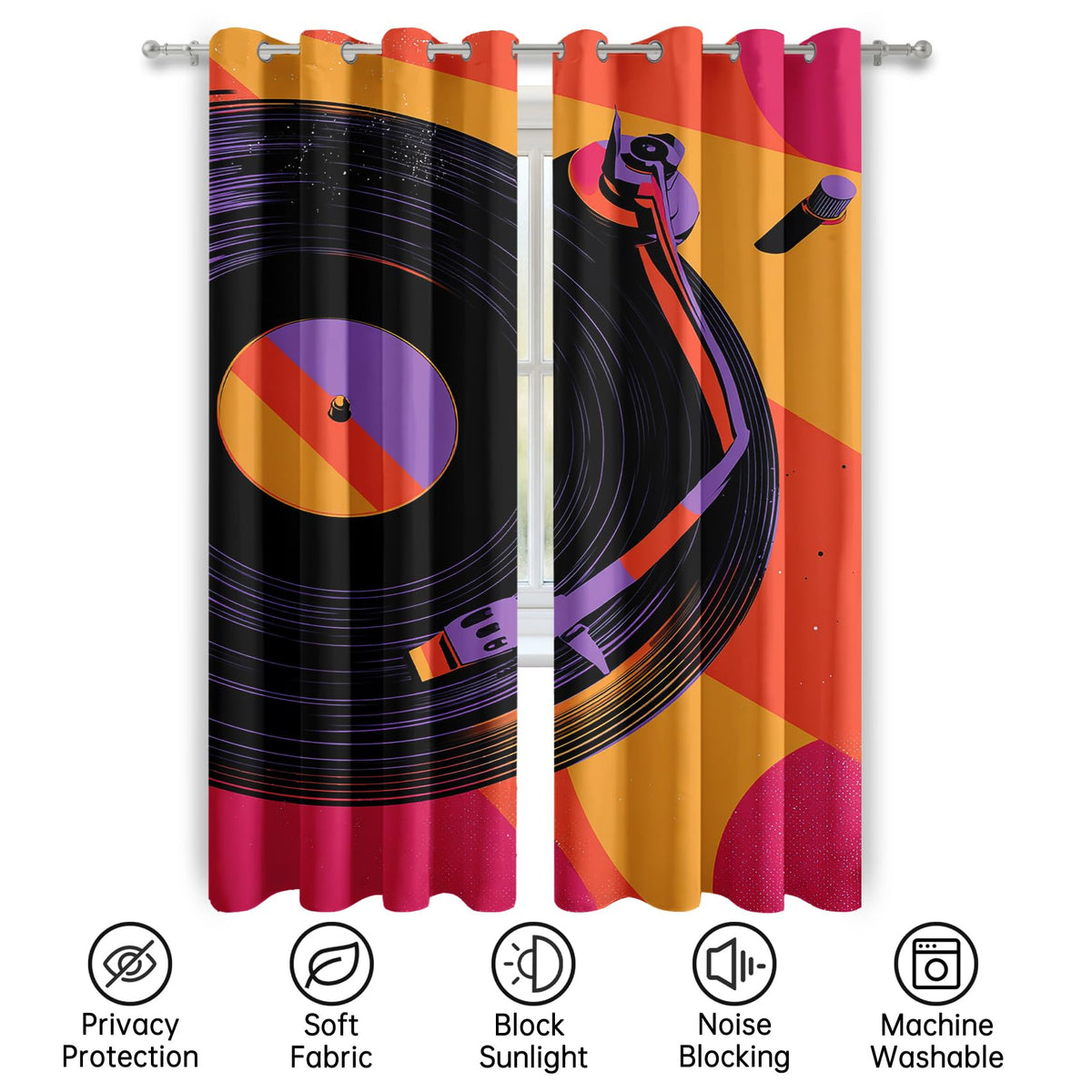 Mistwalk Vinyl Record Blackout Curtains for Bedroom & Living Room, 45 Inch Curtains 2 Panel Set, Room Darkening Thermal Insulated Grommet Drapes, Retro 80s Music Lover Patterned Window Treatments