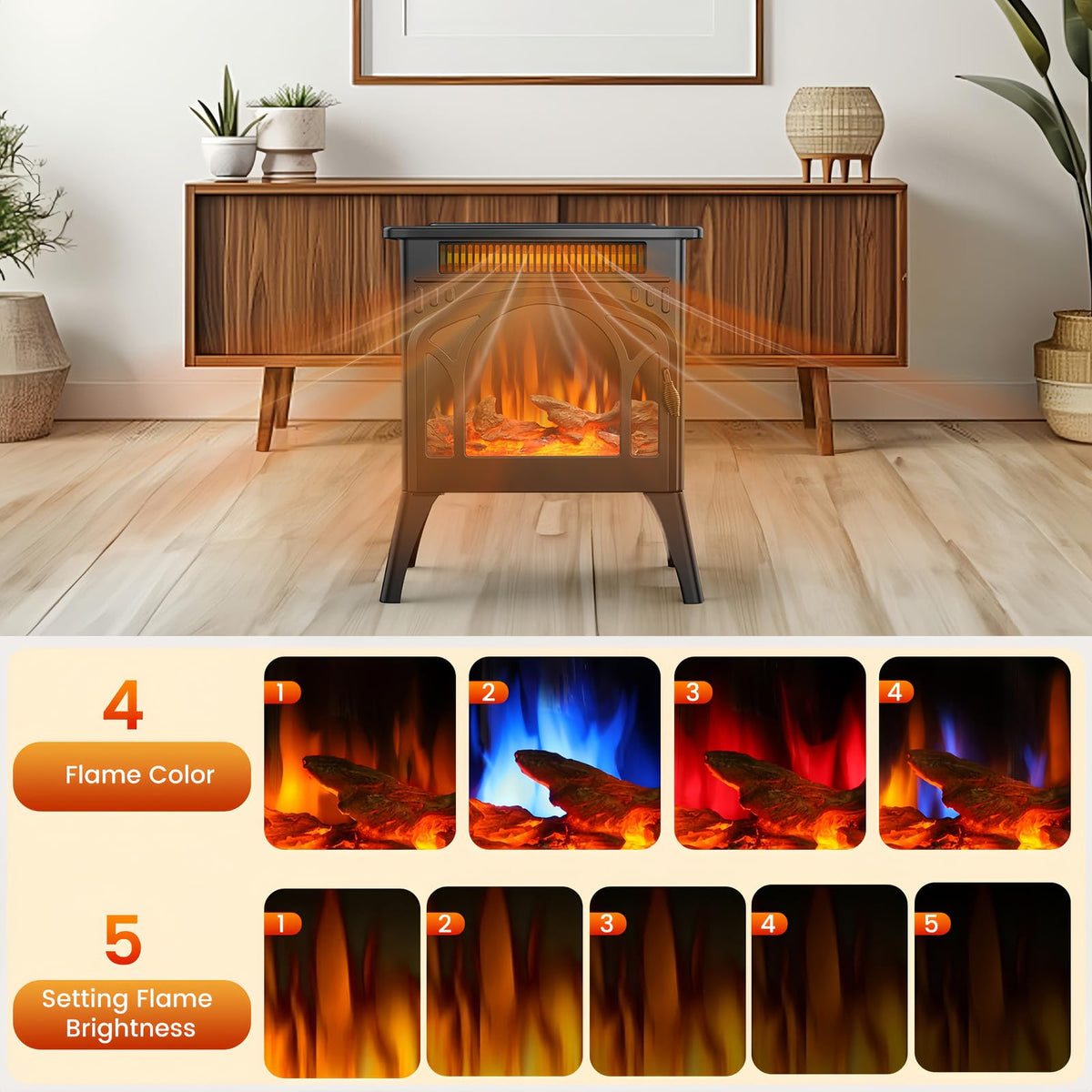Electric Fireplace Stove, 1500W, Fast Heating, X Infrared Fireplace Heater with Remote Control, 8H Timer, Freestanding Stove with Adjustable 3D Flame Overheat Protection, Indoor Fireplace