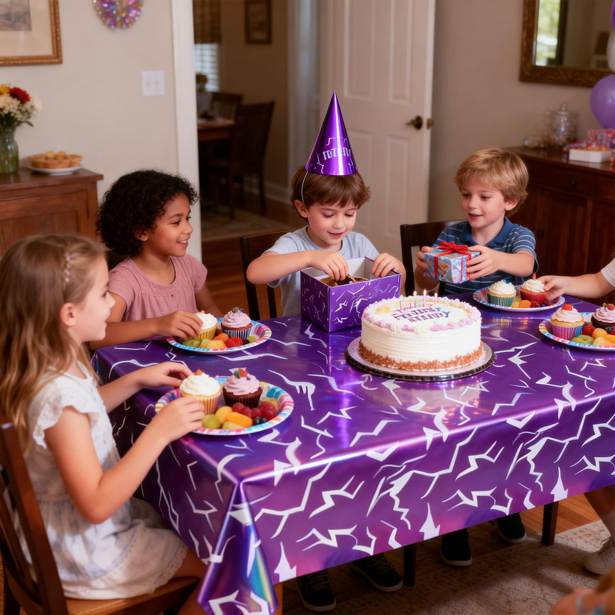 2 Pack Iridescent Holographic Laser Tablecloths, Purple Lightning Demon Energy Table Covers, Disposable Waterproof Birthday Plastic Table Covers for Girls Korean Idol Themed Disco Bachelorette Party