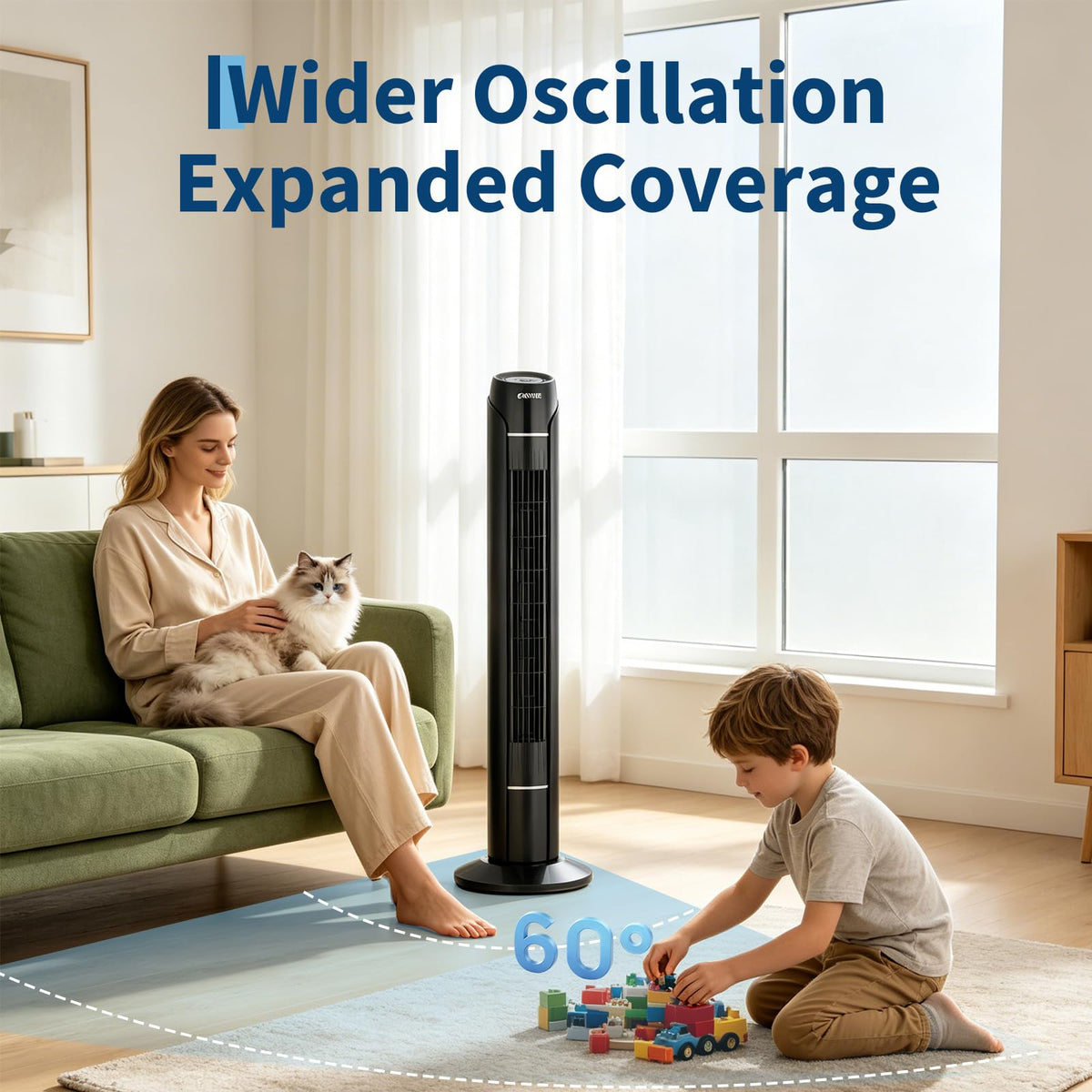 MilleLoom Tower Fan for Bedroom, Upgraded DC Motor | 18ft/s Wind Speed | 56dB Quiet Floor Fan for Bedroom | 60° Oscillating Standing Fan with Remote & Touch Screen | 3 Speeds, 4 Modes