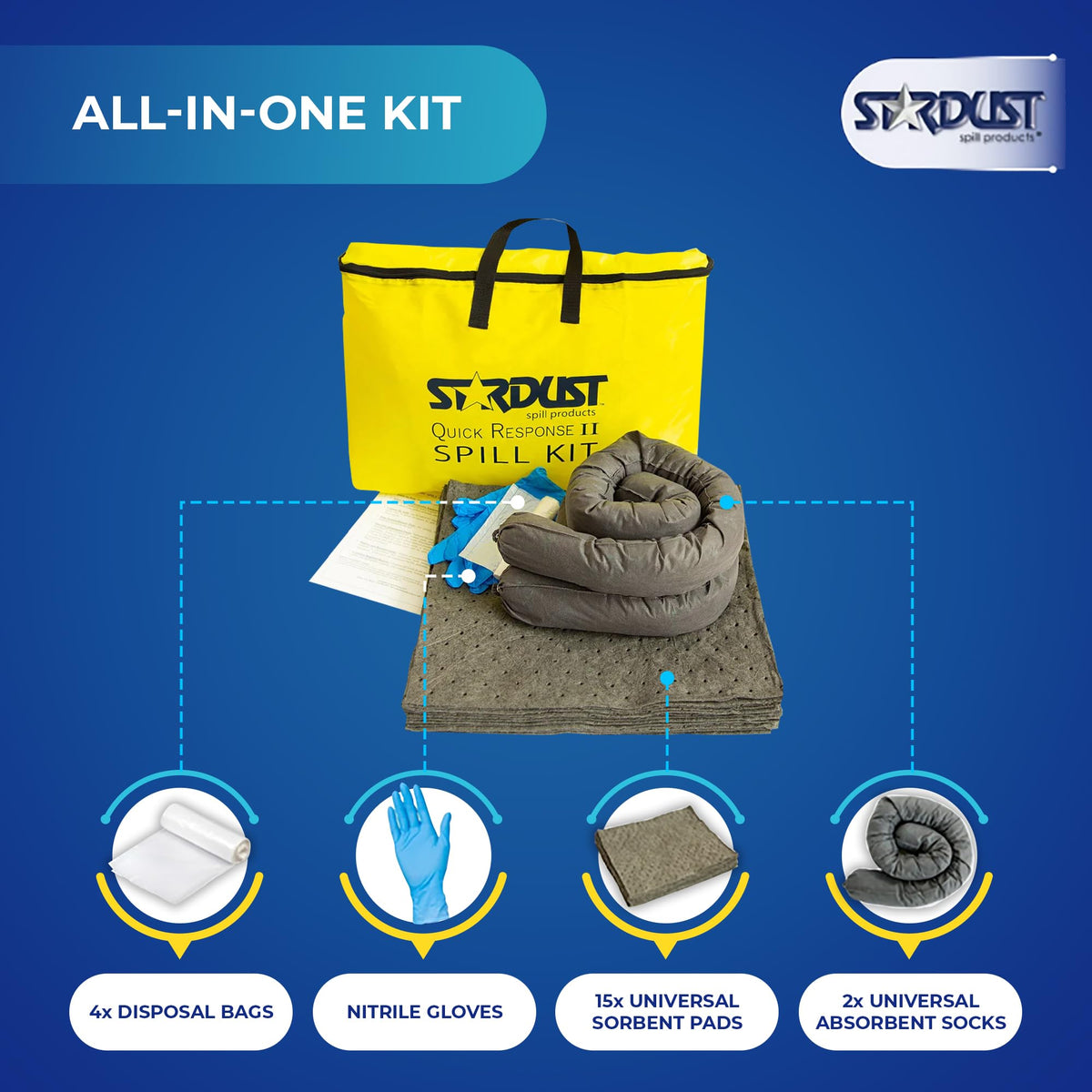 Stardust Spill Products Universal Spill Kit – OSHA Compliant Solution for Vehicles, Industrial, & Restaurant Use, Emergency Response Chemical, Water, & Bodily Fluid Cleanup, 2-Pack