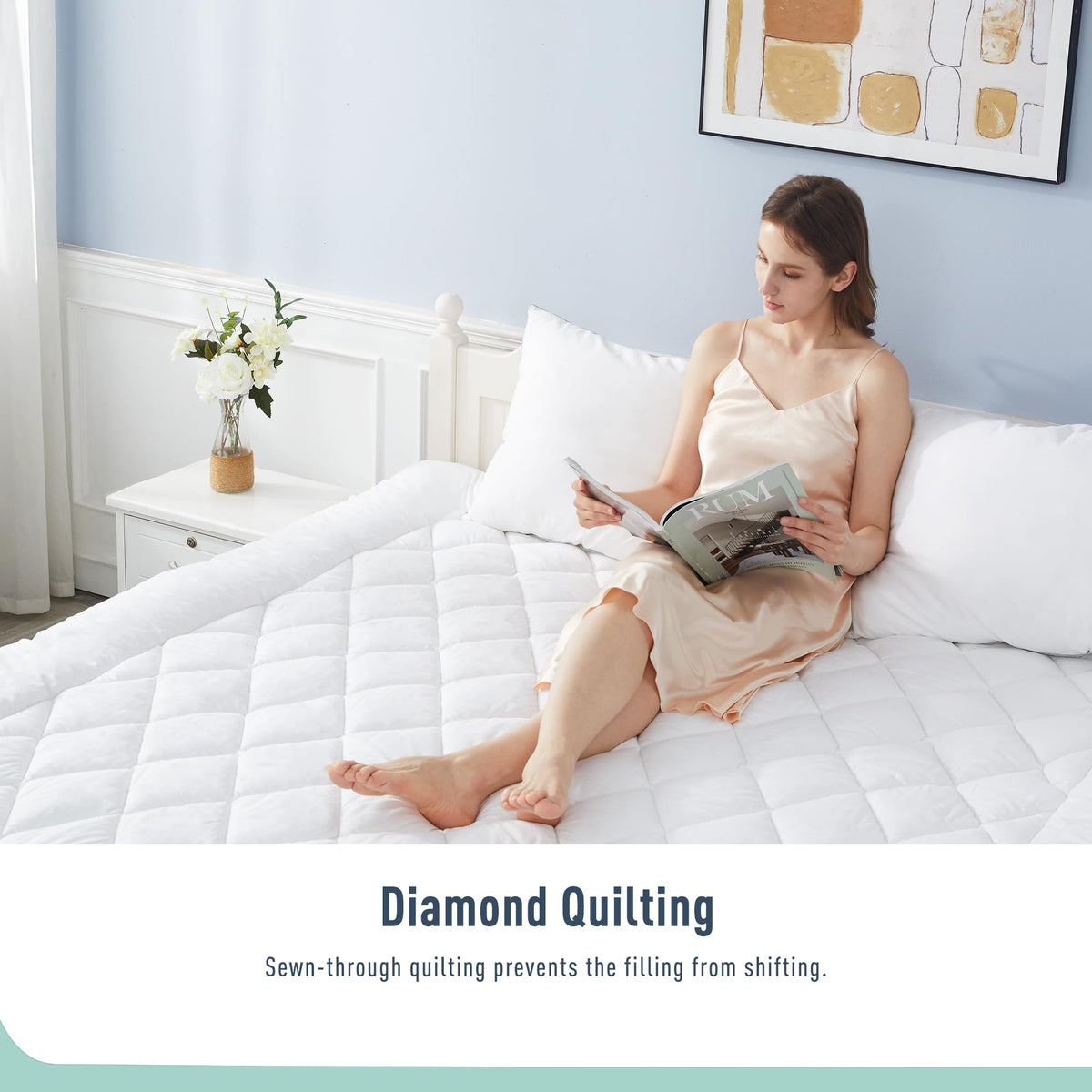 HOMTEC Queen Mattress Pad Cotton Mattress Pad Cover Quilted Mattress Cover 18-22" Deep Pocket Mattress Protector Queen Size Thin Down Alternative Filling Noiseless & Breathable