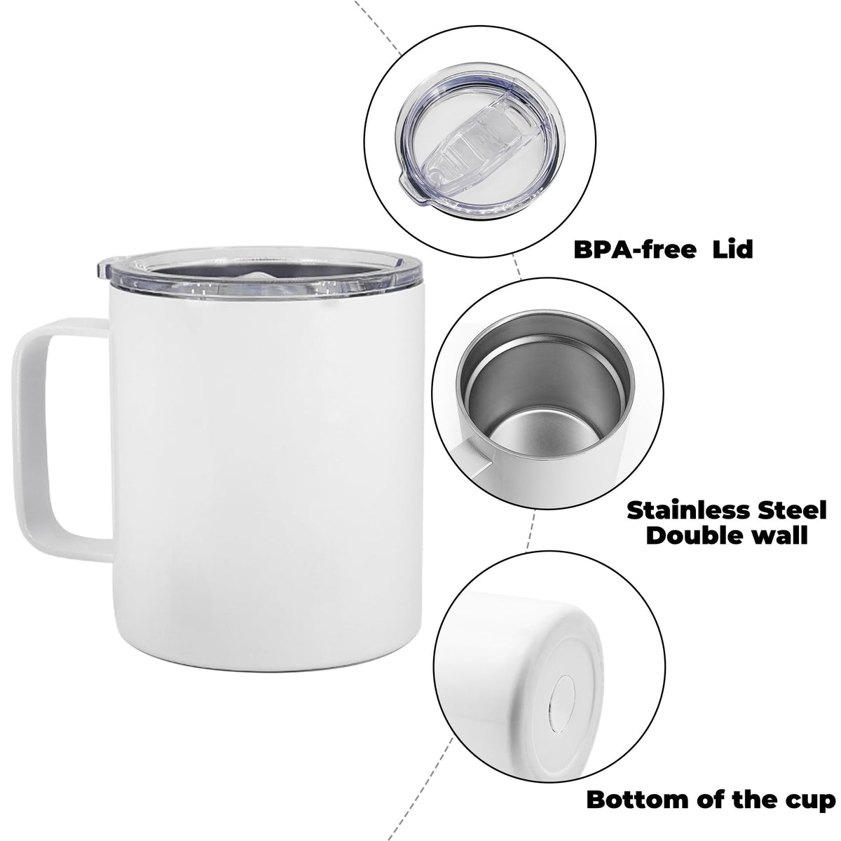 ZREGGUR 25packs 12oz Plain White Stainless Steel Sublimation Blanks Mug With Lid Double Wall Travel Coffee Cups With Thick Handles Camping Insulated Drinking Tumbler