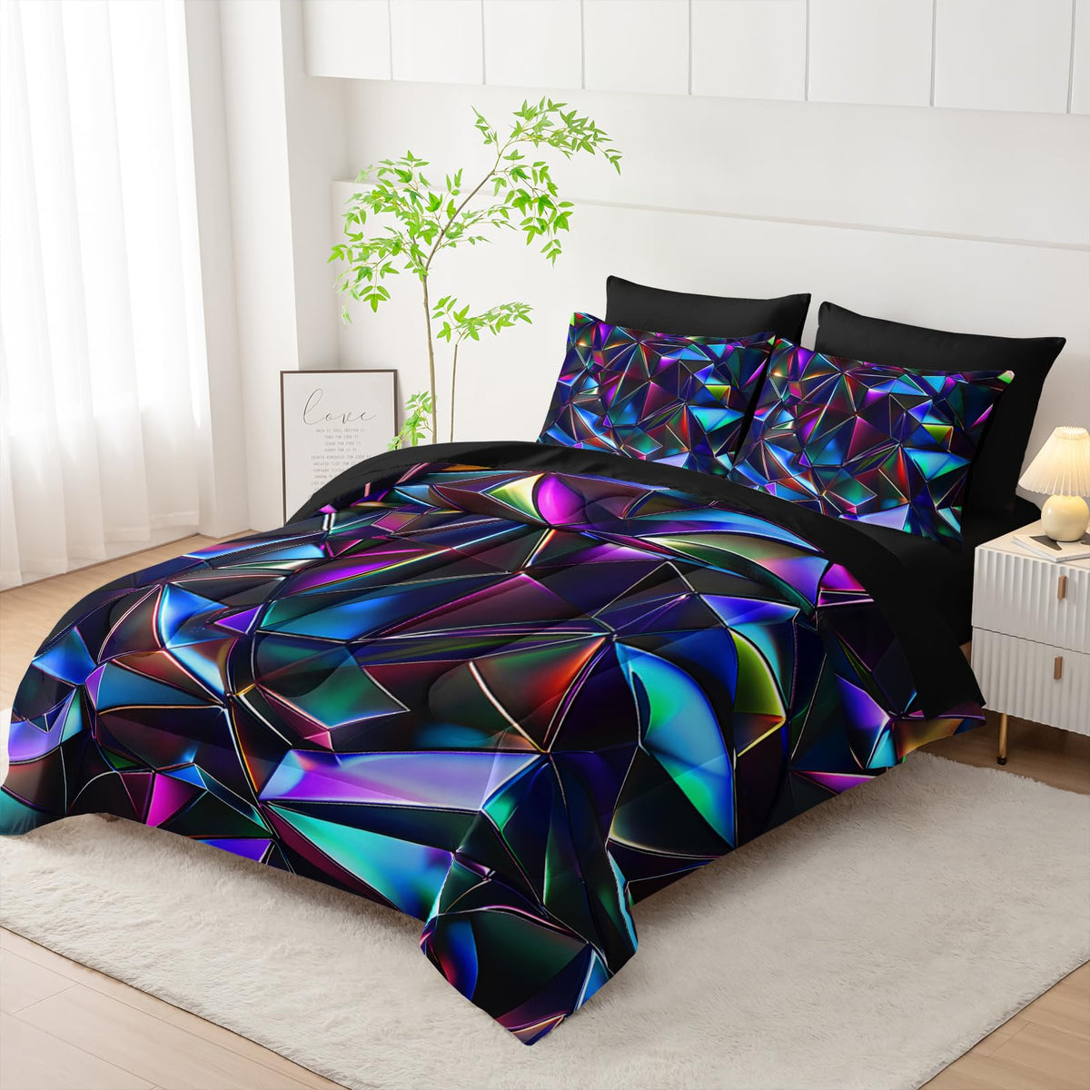 lneffble 7 Piece Purple Geometric Abstract Pattern Comforter Set King Size，Abstract Diamond Print Bedding King，(1 Comforter, 1 Flat Sheet, 1 Fitted Sheet, 2 Pillowcase and 2 Pillow Sham)