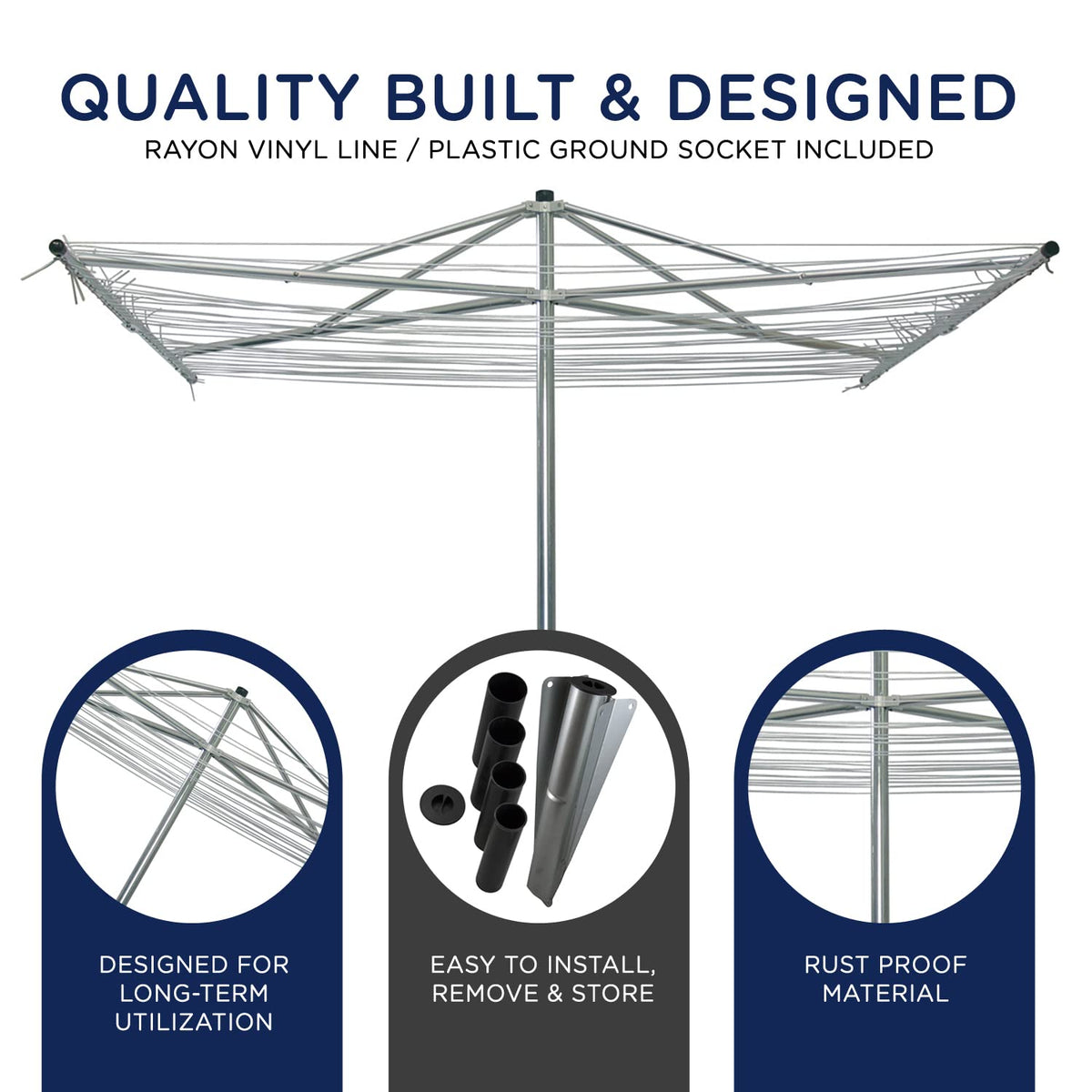 Strata 184 FT Outdoor Umbrella Clothesline - Heavy Duty Silver Aluminum Rotary Clothesline Line with Ground Spike & Socket for Outdoor Laundry Drying, Clothes, Sheets & Towels