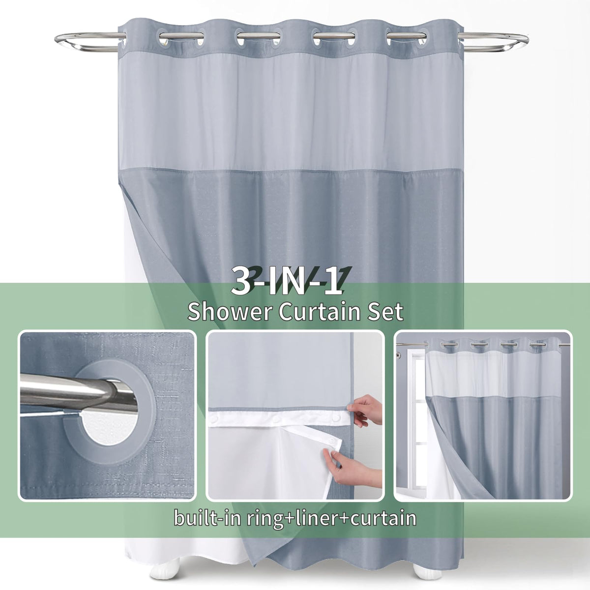 eachope Extra Long No Hook Shower Curtain with Snap-in Fabric Liner Set,Slub Textured Fabric Shower Curtains for Bathroom,Hotel Style Modern Shower Curtain,Water Repellent & Washable,71x86(84),Blue