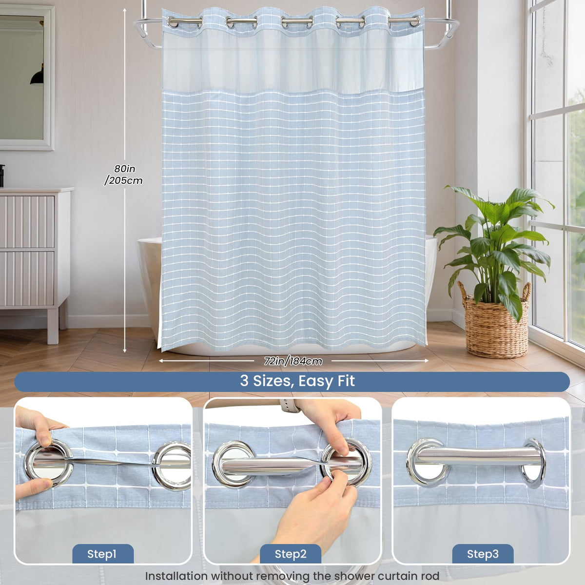 DRIFTED ROOT No Hook Shower Curtain Set with Snap-in Detachable Liner and Mesh Top Window, Grid Jacquard Fabric, Water-Repellent, 4 Hem Magnets, Side Suction Cups, Blue, 72 x 80 Inch