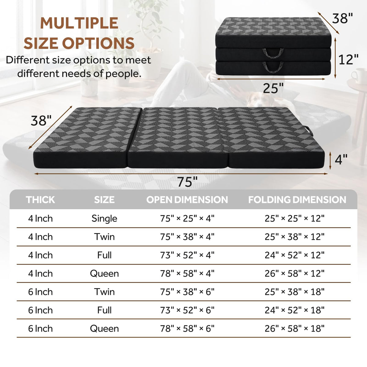 Tri Folding Mattress Twin Size - Memory Foam Tri-fold Mattress, Handle & Non-Slip Bottom, Portable Foldable Sofa Bed Floor Chair for Travel RV Camping Guest Yoga - 4 Inch, 75" 38"x4"