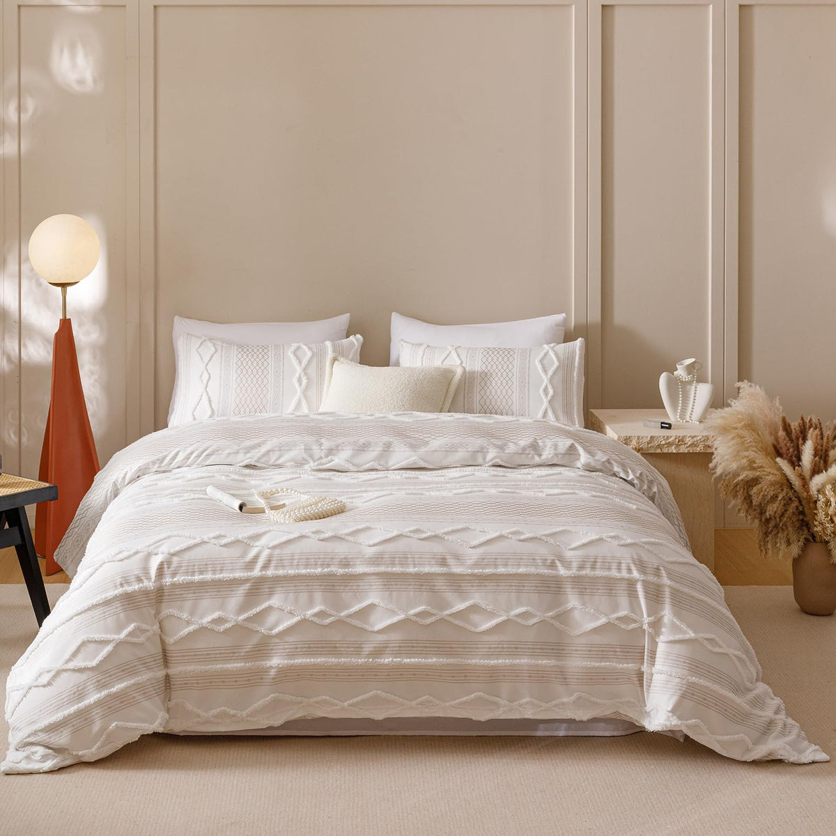 KAREVER Ivory Boho Comforter Set Full Mixed Textures Jacquard Bedding Set Durable Chic and Stylish Bedroom Set