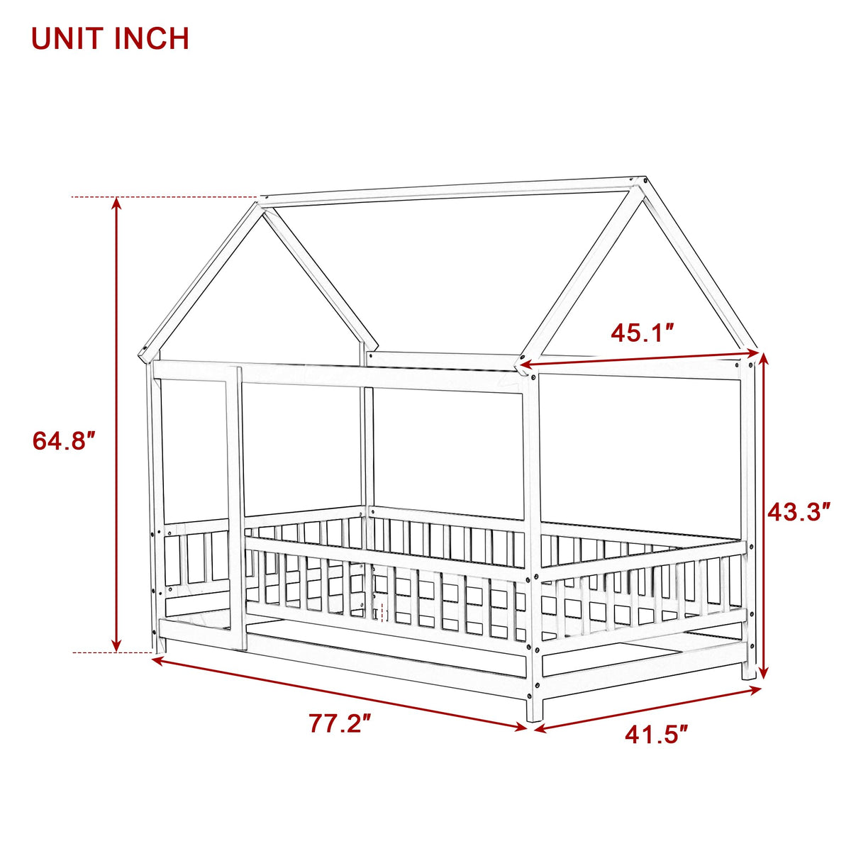 PVWIIK Twin Montessori Floor Bed with High Rails & Roof for Kids Bedroom,High Rails Bed Frame with Fence,No Box Spring Needed, Grey
