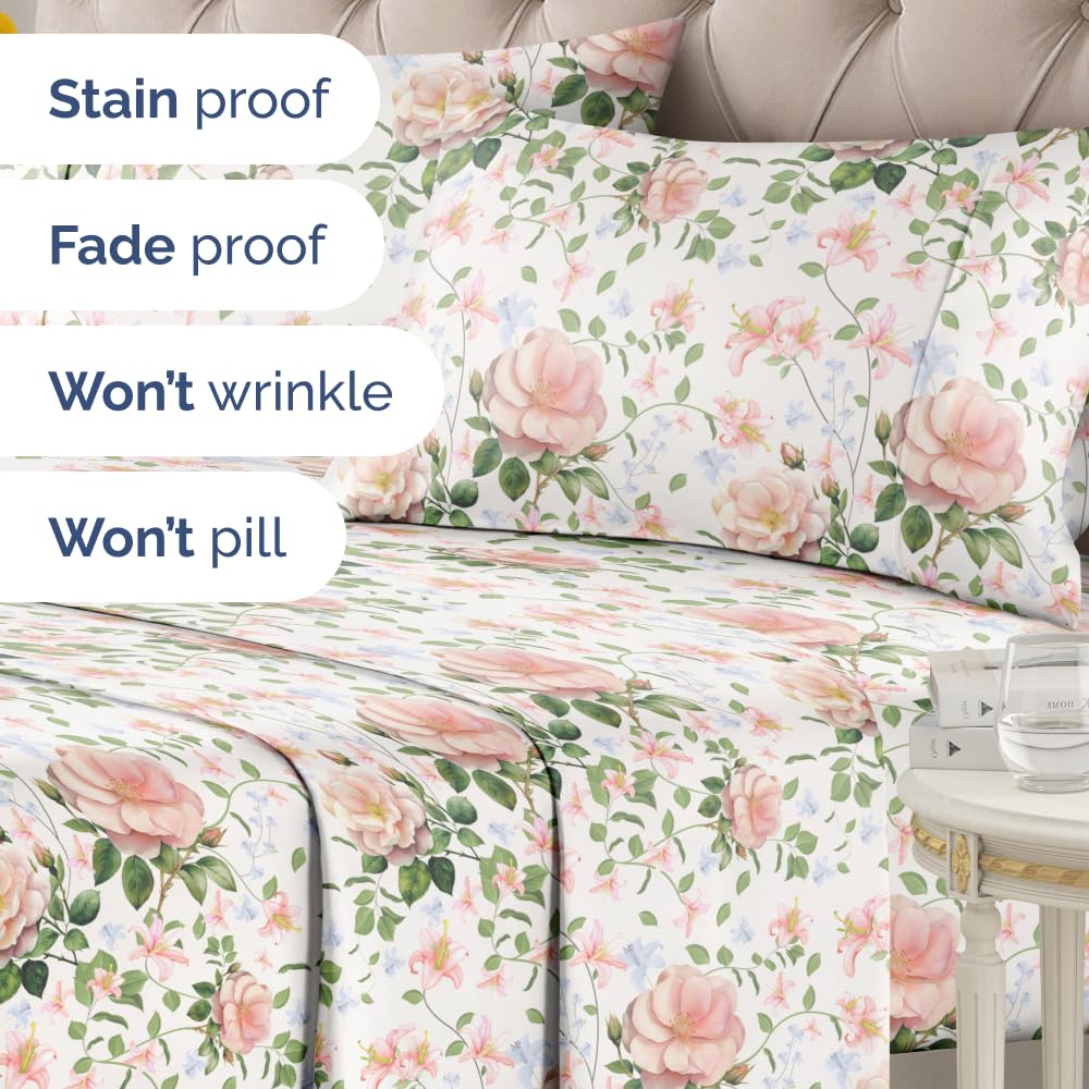 Floral Sheets - Pink Floral Rose Bed Sheet Set - 1 Flat, 1 Fitted & 2 Pillowcases w/ Deep Pockets - Comfy, Wrinkle & Fade Free Boho Botanical Bedding - Ultra-Soft, Breathable & Cooling - King Size New