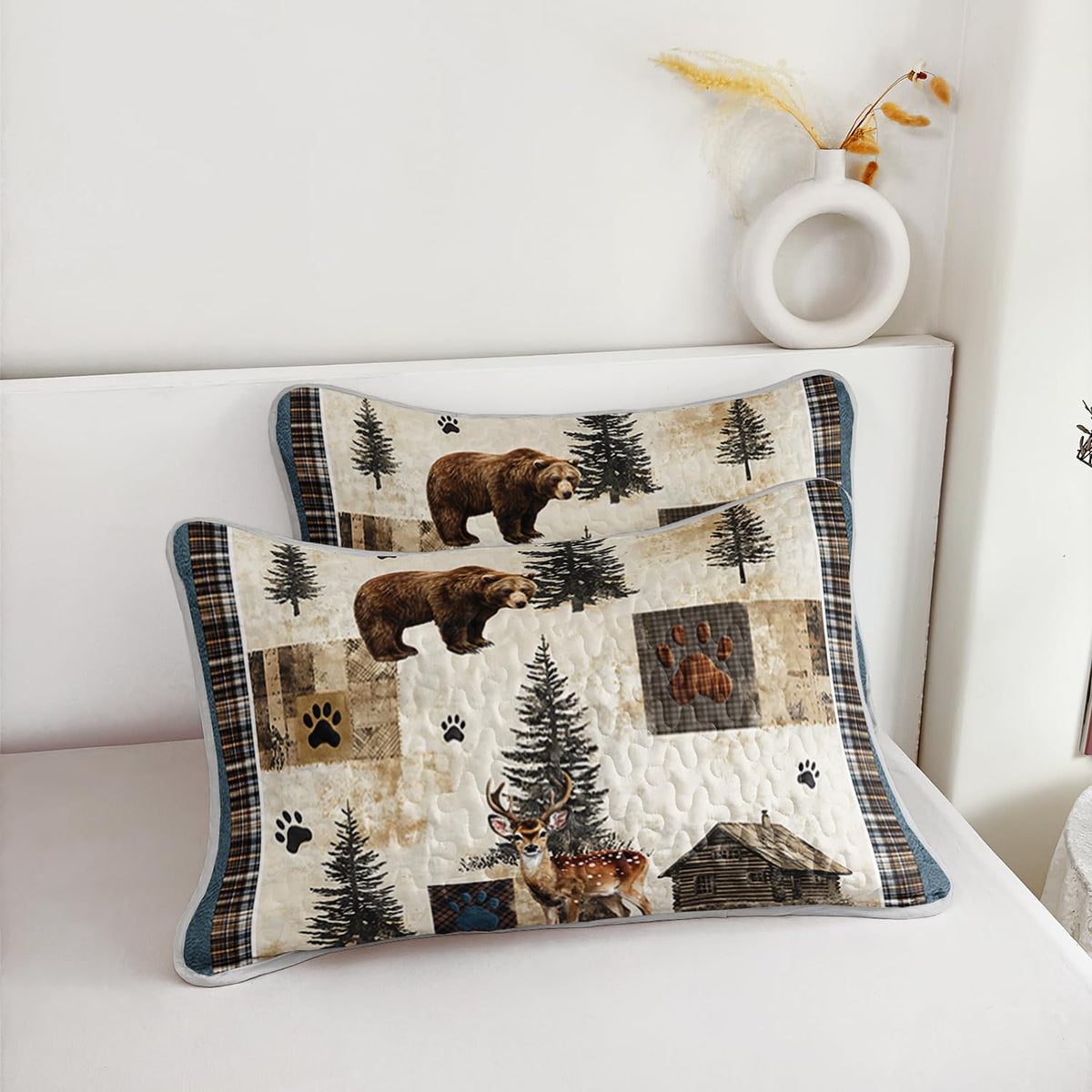 Tuzaovy Bear Deer Quilt Set Queen Size,Rustic Animal Bear Paw Printed Bed Cover Set for Boys Girls Room Decor,Rustic Farmhouse Quilt Bedding,Country Woodland Pine Tree Bedspread Bedroom Decor