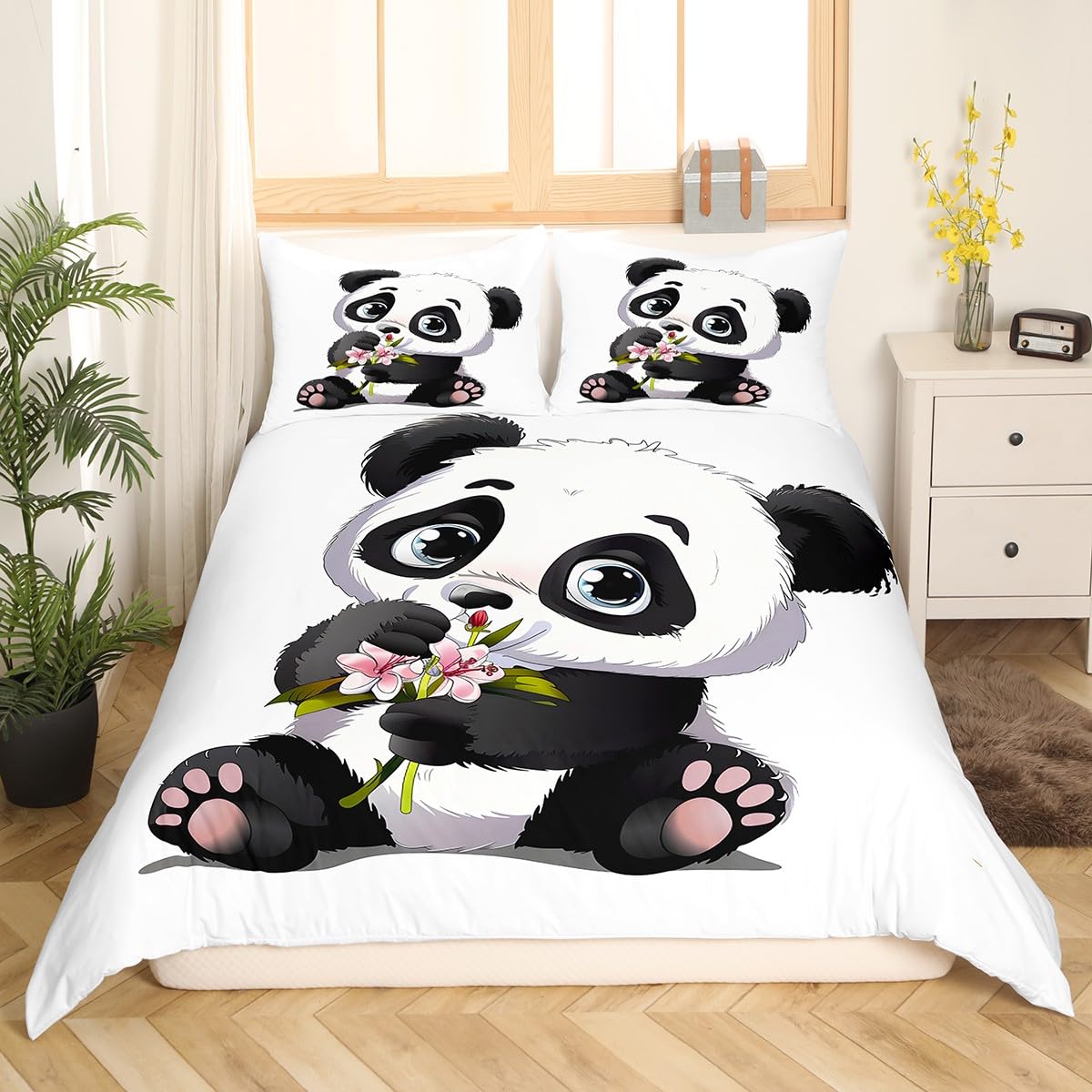 Feelyou Panda Bedding Set for Boys Girls Full Size Cute Giant Panda Duvet Cover Set Kids Toddler Cartoon Animal Pattern Comforter Cover with 2 Pillowcases