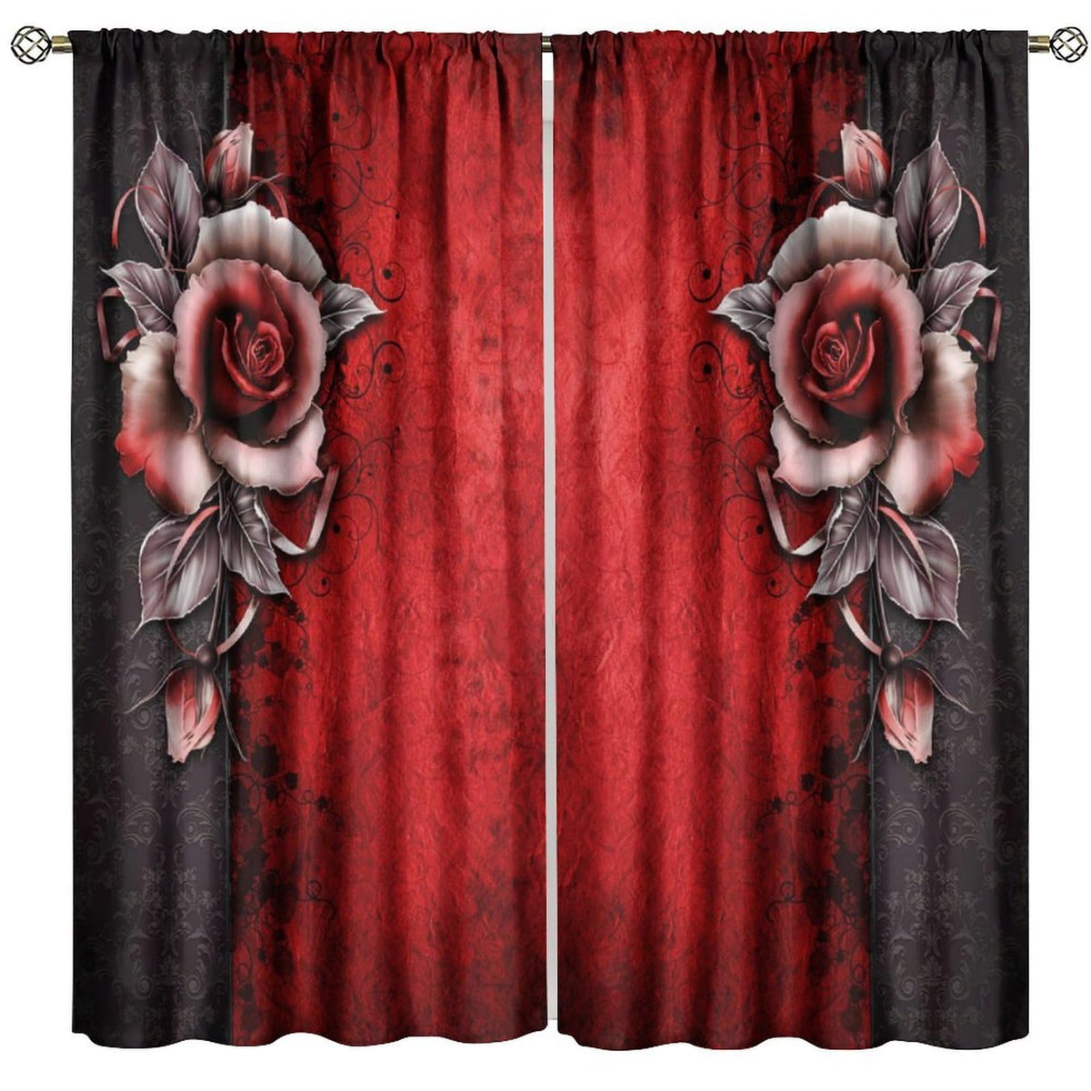 GoDazzling Retro Gothic Dream Rose Curtains, Red Rose Flower Abstract Rod Pocket Window Drapes, for Bedroom Living Room 41" W X 45" L (No Blackout)