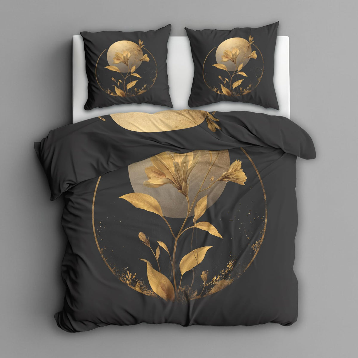 Golden Floral Moon Full Duvet Cover Set 3 Piece, Black Flower Reversible Bedding with 2 Pillow Shams, Zipper & Ties, Ultra Soft Microfiber, Floral Bedroom Decorations 69A-R