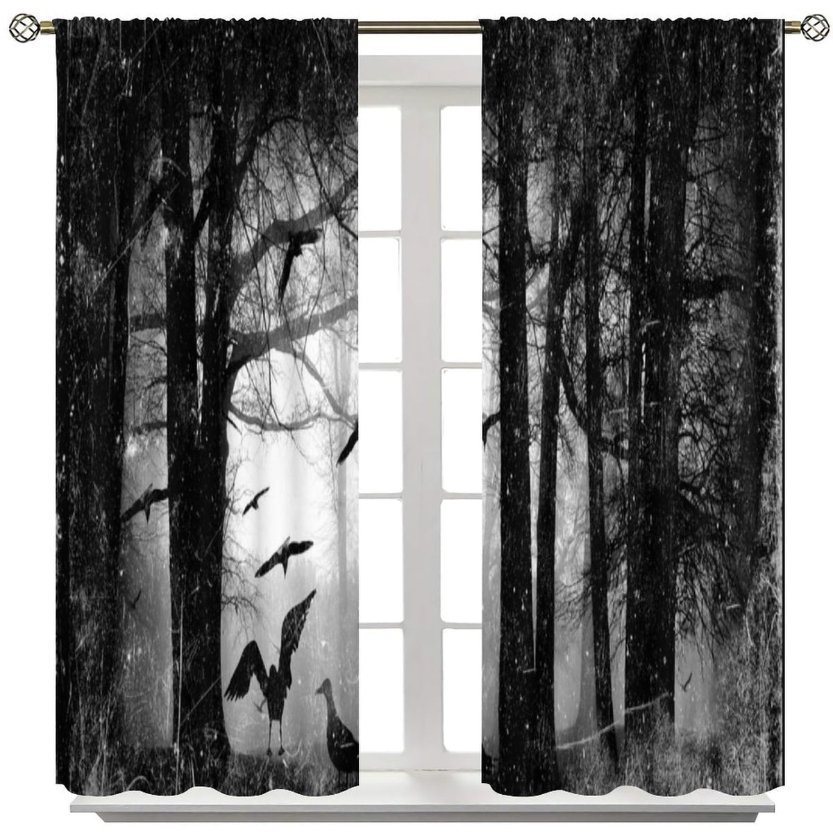 SHElifestyle Gothic Forest Window Curtains, Foggy Mysterious Ghost Window Treatments, Halloween Spooky Black Crows Cobwebs Drapes for Bedroom Living Room W42 X L45