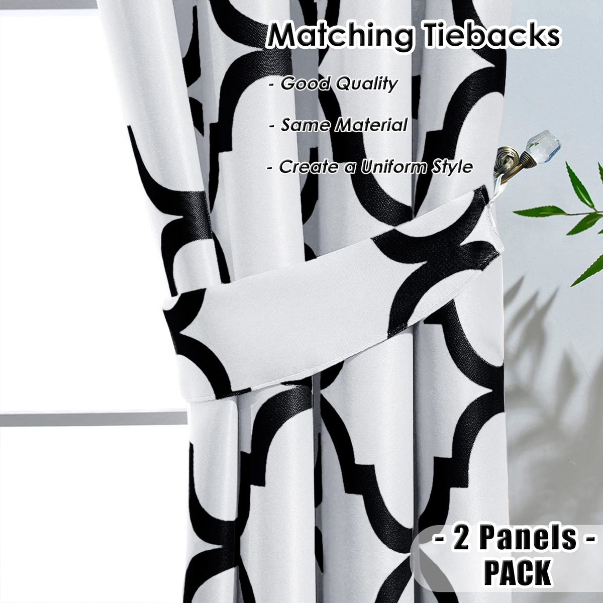 Melodieux Moroccan Printed Room Darkening Blackout Grommet Curtains for Living Room Bedroom, 52 by 84 Inch, Off White/Black (2 Panels)