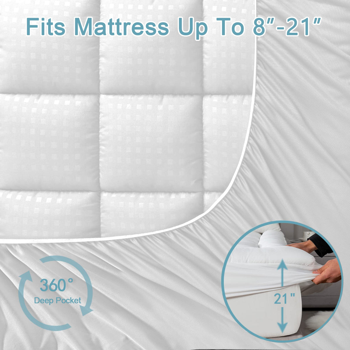 HYLEORY King Mattress Pad Quilted Fitted Mattress Protector Cooling Pillow Top Mattress Cover Breathable Fluffy Soft Mattress Topper with 8-21" Deep Pocket