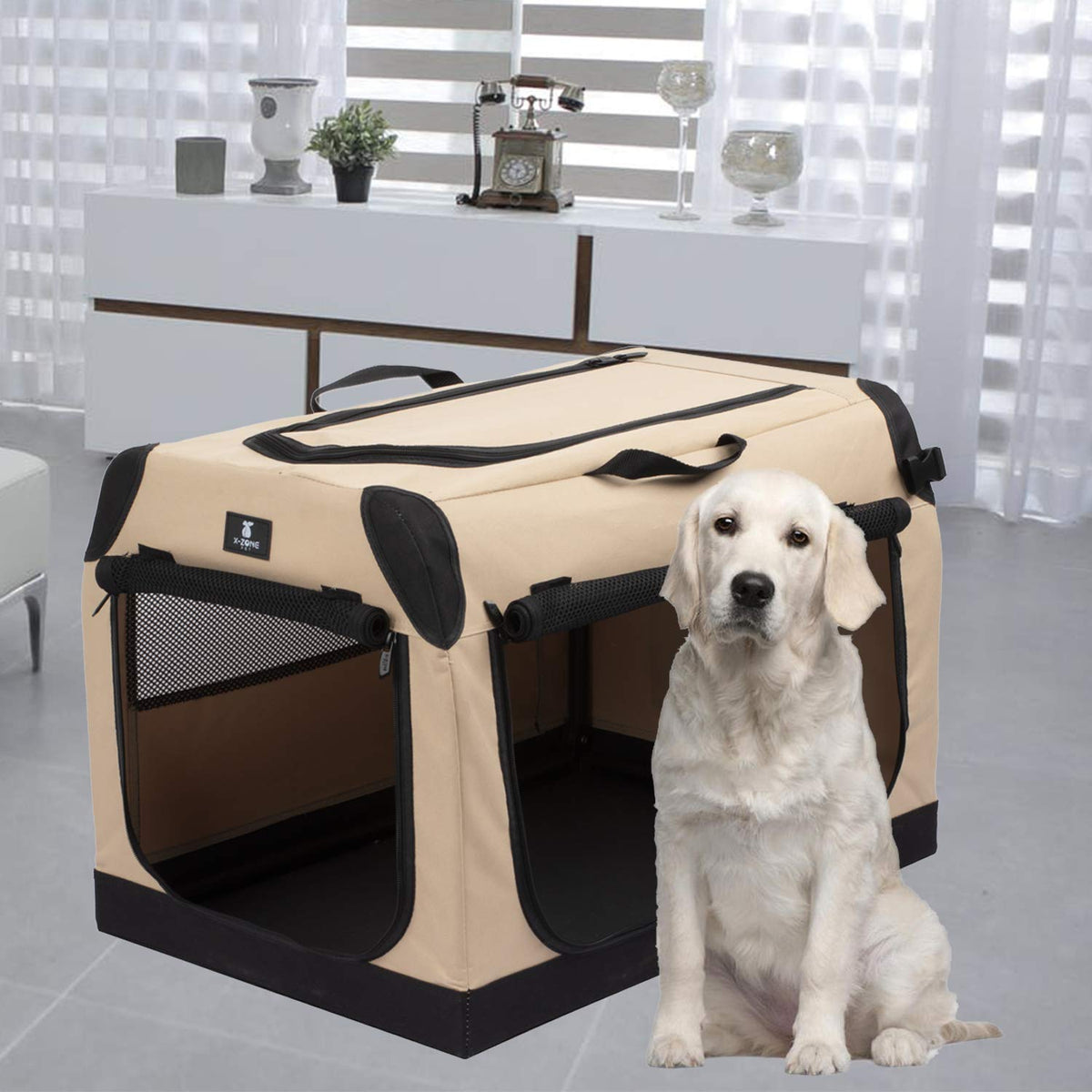 X-ZONE PET 3-Door Portable Soft-Sided Folding Soft Dog Travel Crate Collapsible Pet Kennel,X-Large, 36 x 25 x 25 Inches,Tan