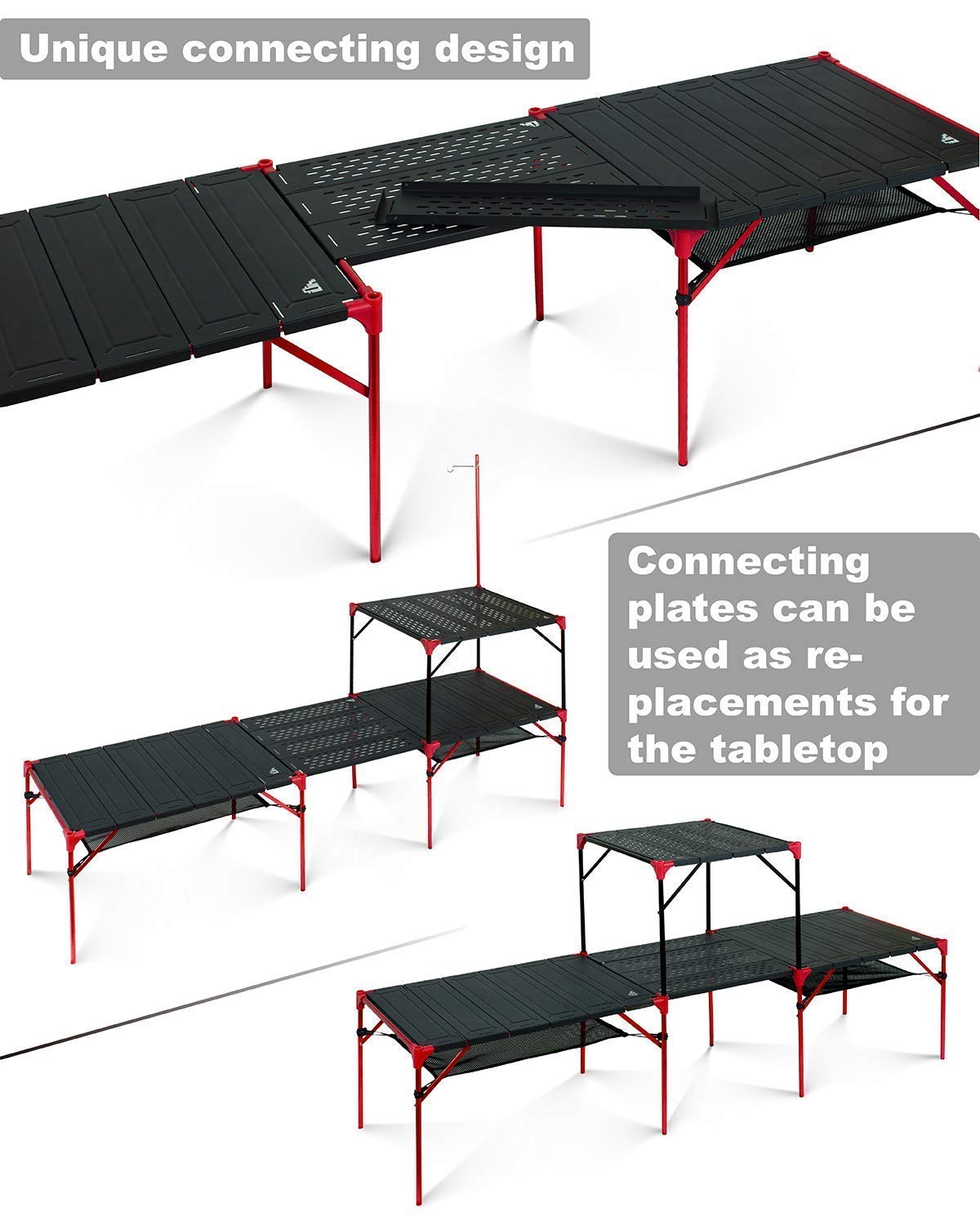 iClimb 2 Extendable Folding Table and 1 Pack Connecting Plates and 2 Lantern Hanger Bundle, Ultralight Compact for Many Person Camping Backpacking Beach Concert BBQ Party
