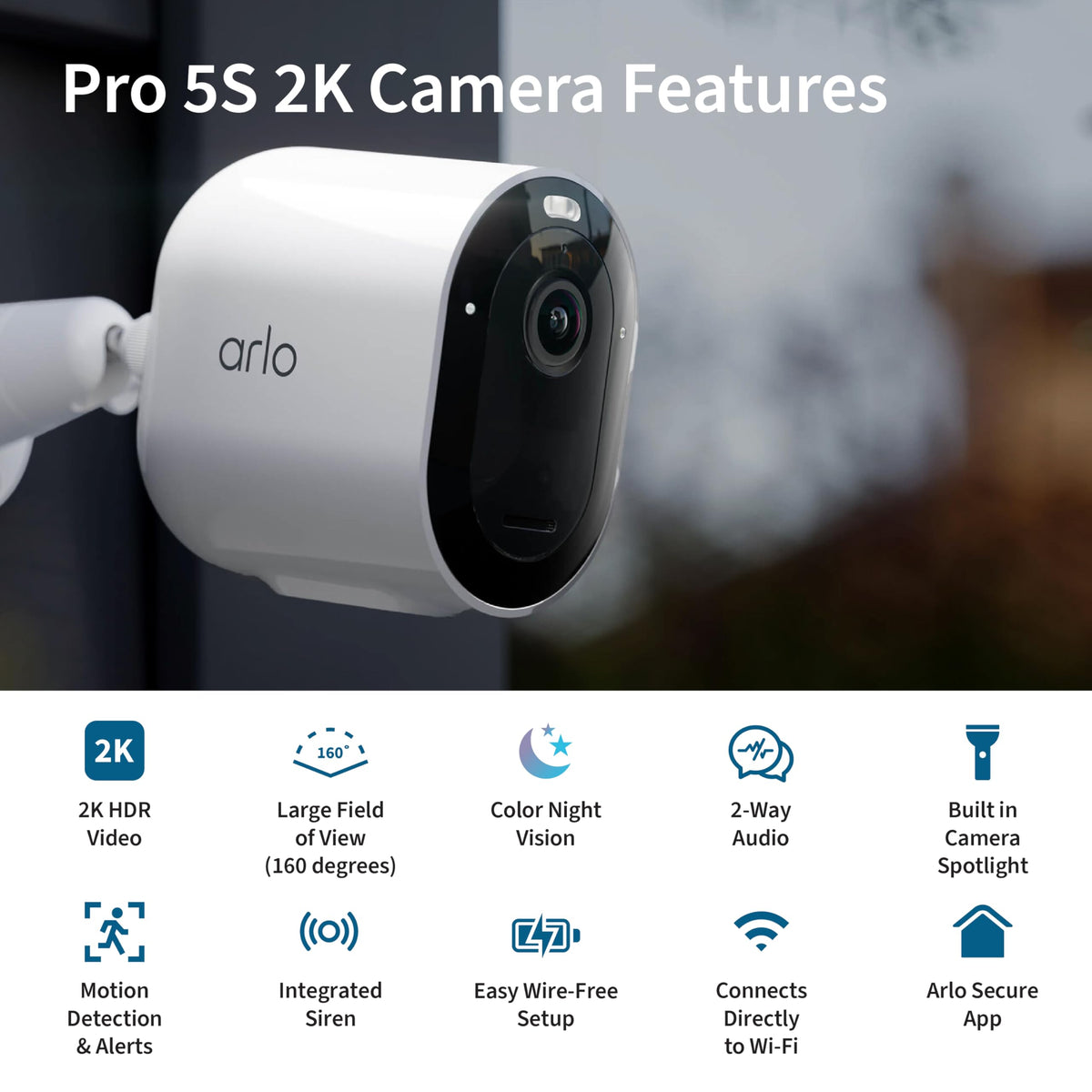 Arlo Pro Security Camera 2K HDR 5th Gen - Wireless Outdoor Camera, Rechargeable Removeable Battery, Event Captions, Emergency Response, 1-Month Trial of Secure Plan, 3 Cam, White