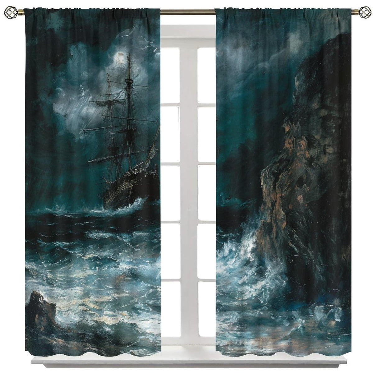 TOWINSFB Nautical Oil Painting Blackout Curtains for Bedroom Living Room, Sea Storm Pirate Ship Thermal Insulated Room Darkening Curtain - 42" W x 45" L