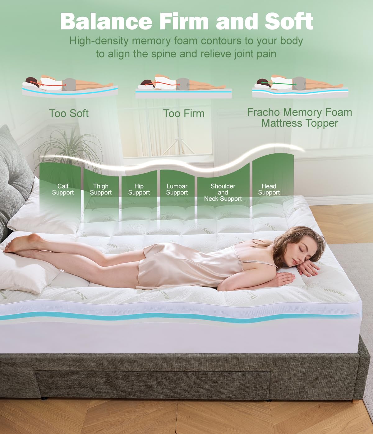 Fracho 4 Inch King Memory Foam Mattress Topper, Dual Layer Design with 2" Bamboo Rayon Pillow Top & 2" Cooling Gel Memory Foam, CertiPUR-US Certified Medium-Firm Bed Topper for Pressure Relief