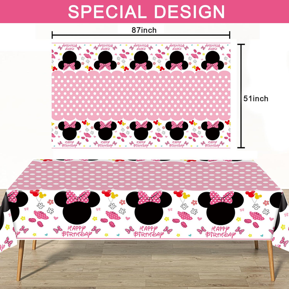 Nyhpar 3 Packs Pink Mouse Tablecloth, Pink Polka Dot Table Cloths Disposable Plastic Cartoon Table Covers for Girls 1st 2nd 3rd Party Decorations Supplies, 86.6 x 51.2in