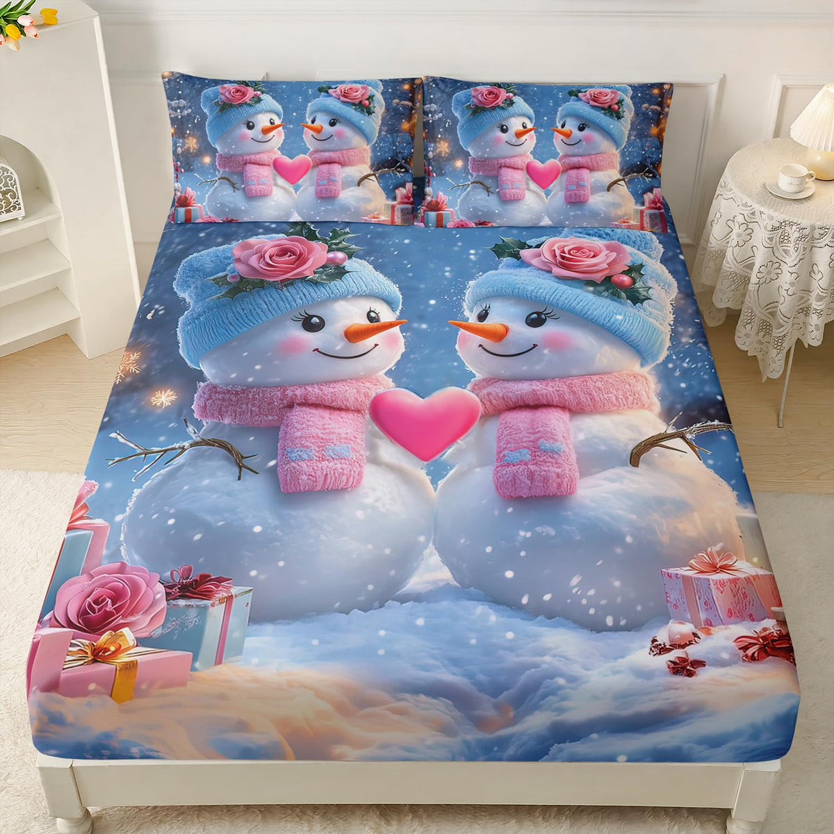 HOSIMA Snowman Twin Fitted Sheet,Cute Snowmen Looking at Each Other,Flowers Gifts Pattern Christmas Bedding Set Romantic Themed Couple Bedding for Women Bedroom Decor,1 Fitted Sheet+2 Pillowcases.