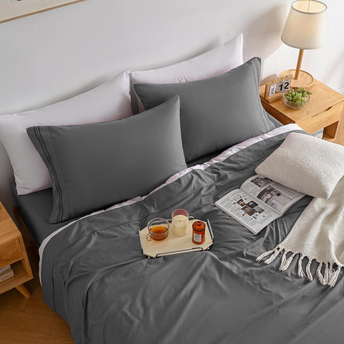 Yibeizi Queen Sheet Set Cooling Sheets Deep Pocket Queen Size Bed Sheets Set, Grey Soft Microfiber Oeko-Tex Sheets & Pillowcases Hypoallergenic Wrinkle Free Bedsheets