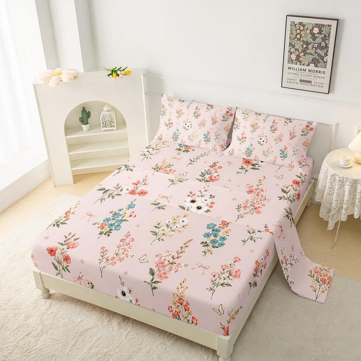 QOOMO Floral Sheet Set,Pink Floral Kids Bed Sheets,Pink Flower Printed 16" Deep Pocket Bed Sheet Set for Girls/Kids/Teens，4 Piece Sheet Set, 1 Fitted Sheet,1 Flat Sheet and 2 Pillowcases，Twin Size