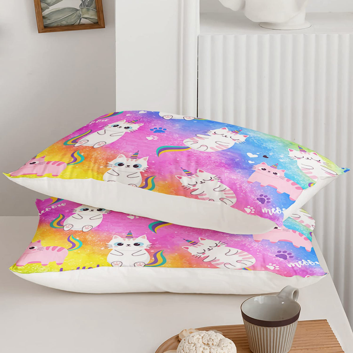 Axolotl Cat Bedding Twin Cartoon Cat Comforter Set, Rainbow Printed Kids Bedding Set for Girls, Adults, Teens, Kids Comforter Set All Season, 1 Quilt 2 Pillow Cases, Colorful Pink Blue