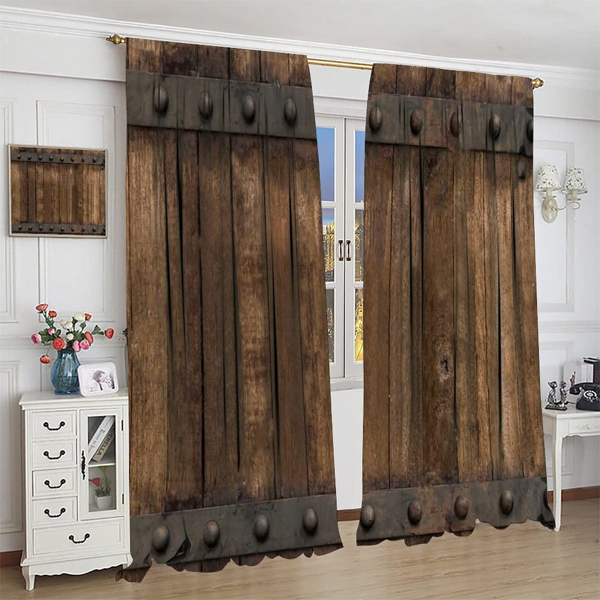 Rustic Wooden Barn Door Curtains Pocket Curtains Timber Wood Brown and Old Metal Panels Texture Thermal Insulated 42x63inch(107x160cm)