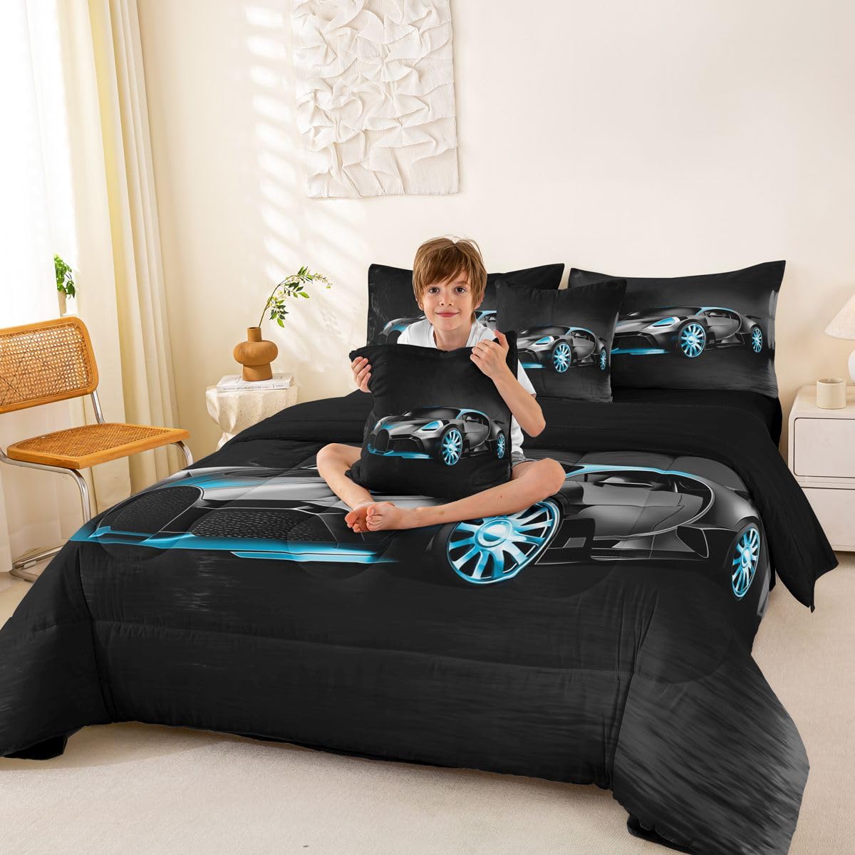 Sports Car 7 Piece Bedding Set Stylish Black Race Car Comforter Set with Sheets for Kids Boys Girls Extreme Sports Theme Bed in a Bag Cool Speed Luxury Car Decor Bed Set with 1 Pillowcase Twin