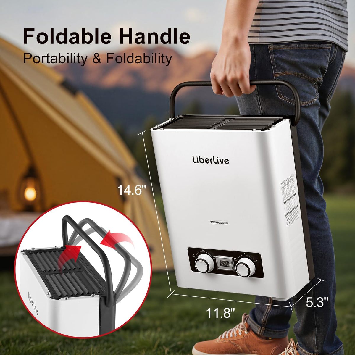 Propane Tankless Water Heater, 5L 1.32 GPM Outdoor Portable Gas Instant Hot Water Heater with Digital Display Overheating Protection, for Camping Barn Cabin RV White
