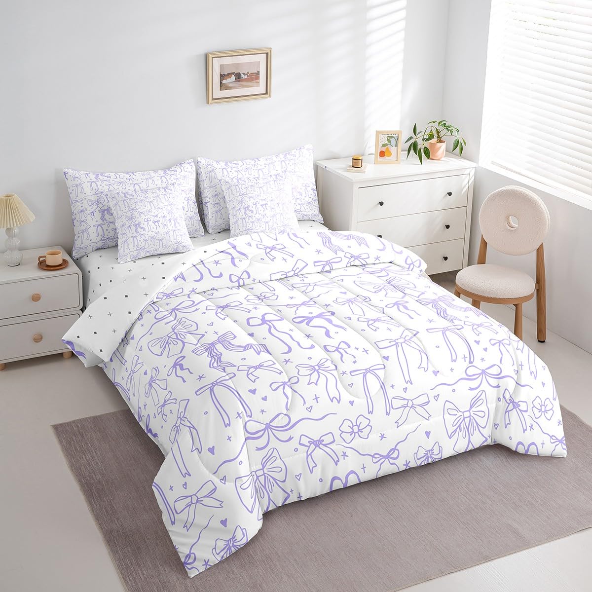Purple Bowknots 7Pcs Comforter Set Full Size,Cartoon Hand Drawn Stars Love Bow Bedding Set,Kawaii Princess Style Fitted Flat Sheet for Kids Girls Women Teens Room Decor,Romantic 4 Pillow Covers