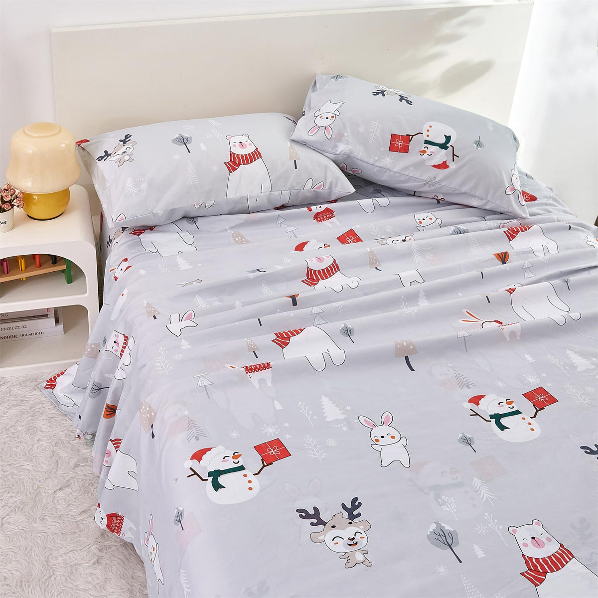 Yibeizi Kids Bear Snowmen Reindeer Bunny Printed Sheet Set Twin Size for Boys Girls, Cute Christmas Winter Microfiber Bedsheets Deep Pocket Bed Sheet & Pillowcase Sets 3 Pieces