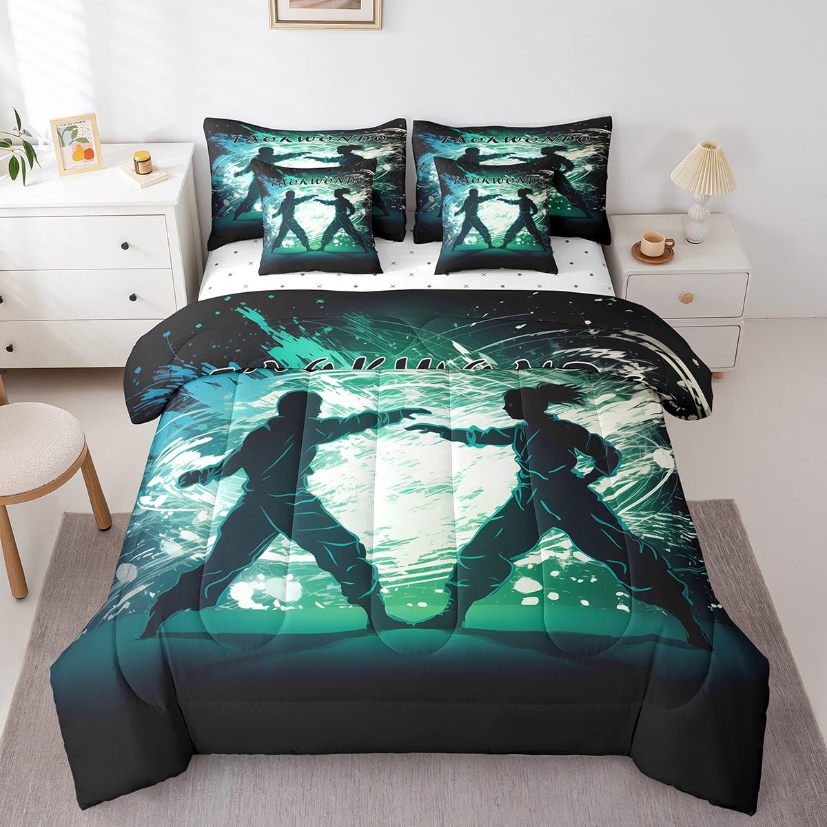 Erosebridal Taekwondo Full Bedding Set with Sheets,Japanese Anime Style Bed Set 7 Piece for Boys Teen Kids Bedroom Decor,Sports Themed Comforter Sets with Fitted Sheet,Flat Sheet,Pillowcases