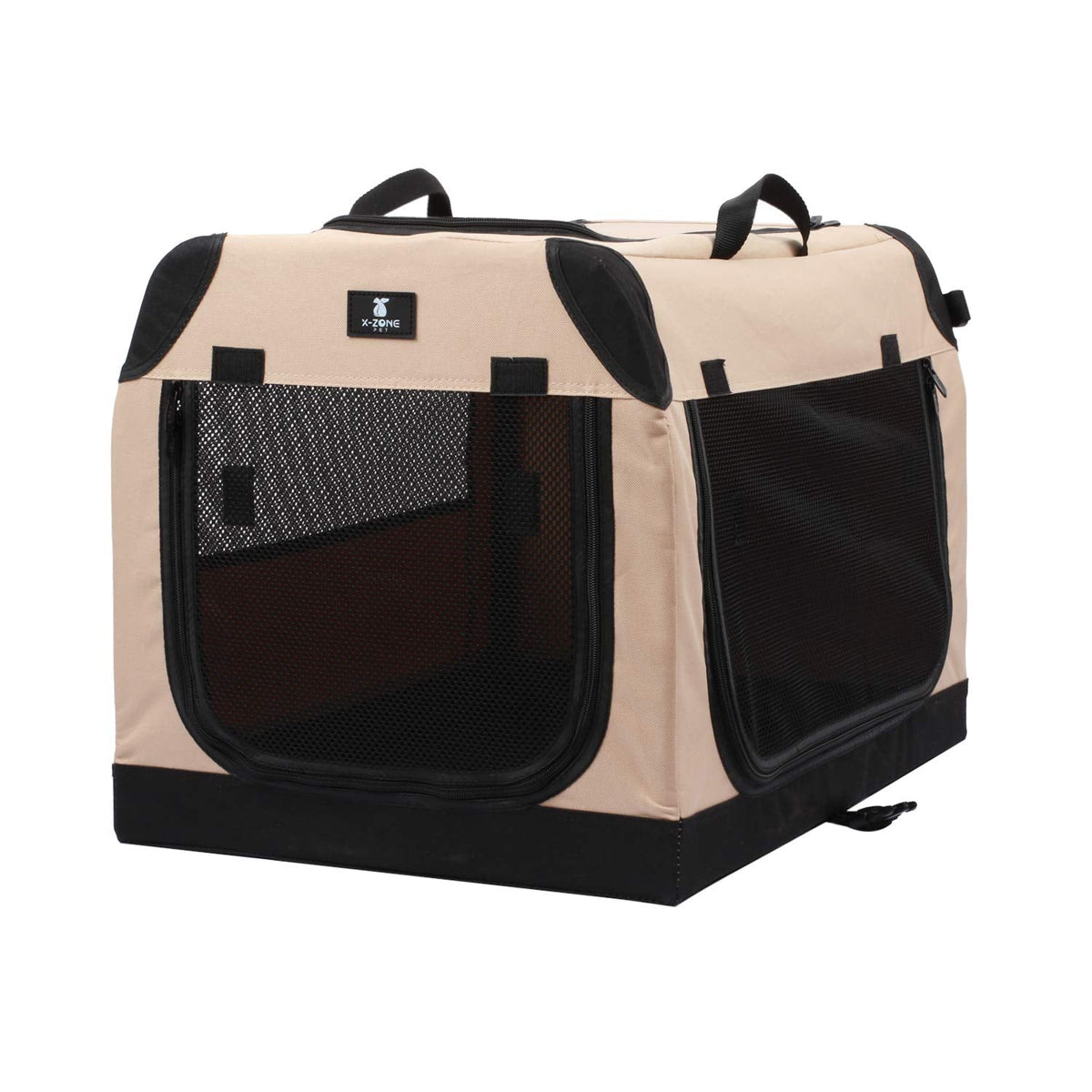 X-ZONE PET 3-Door Portable Soft-Sided Folding Soft Dog Travel Crate Collapsible Pet Kennel,X-Large, 36 x 25 x 25 Inches,Tan