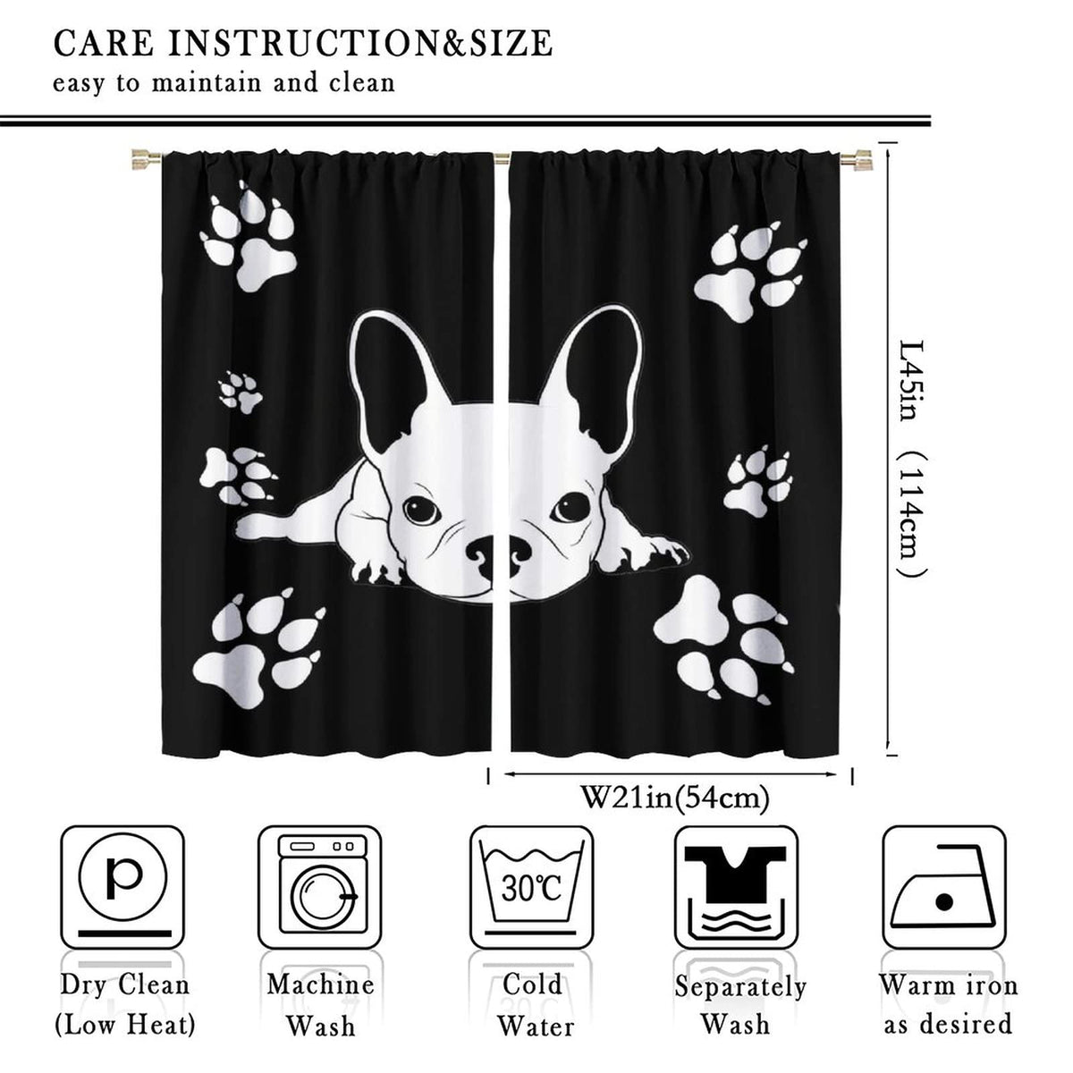 Kazynee Cute French Bulldog Rod Pocket Blackout Curtains for Bedroom - Black White Abstract Hand Painted Dog Paw Puppy Window Drapes,2 Panels 45L x 21W Thermal Insulated Room Darkening Curtains