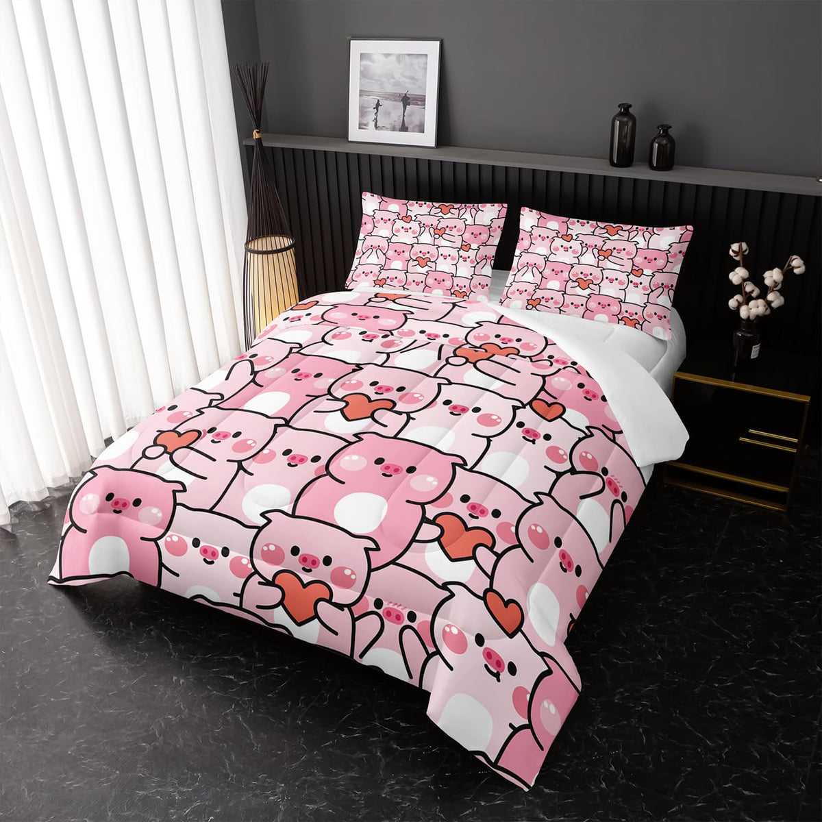 Pink Pig Comforter Set Twin，Kawaii Pink Cute Animals Bedding Set for Kids Boys Girls Teens Room Decor Kawaii Animals Comforter Set Farmhouse Wildlife Theme Bedroom Living Room Decor，All Season