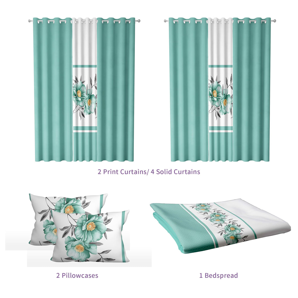 Deepsleep King Bedspread Set 9 Pieces, All Season Luxury Bed in a Bag for Bedroom, with 2 Pillowcases and 6 Curtains, Ultra-Soft Microfiber for Complete Bedroom Decor, Green Rose