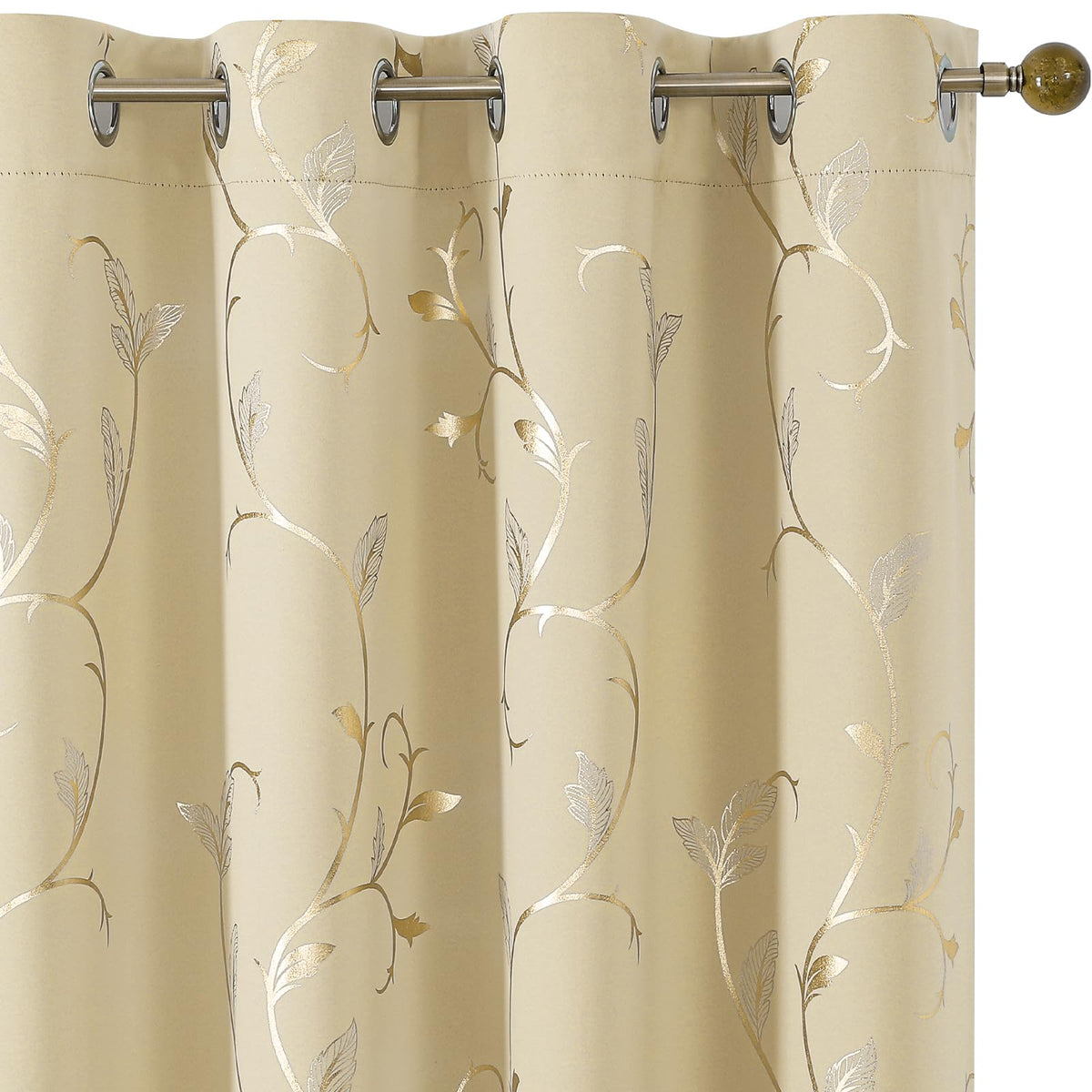BUHUA Blackout Curtains Gold Foil Print Flower Vine Grommet Drapes, Room Darkening Thermal Insulated Curtains, Noise Reducing Blackout Curtain for Bedroom, Beige, 52Wx63L, 2 Panels