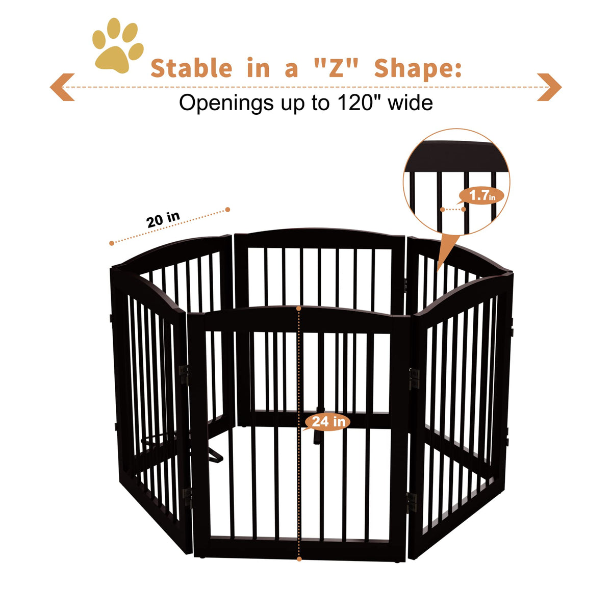 PUPETPO Freestanding Pet Gate for Dogs, Foldable Wooden Dog Gate for House, Extra Wide Indoor Pet Barrier for Stair, Doorway, Hall, Support Feet Included, 120 Inch Wide, 6 Panels 24", Brown