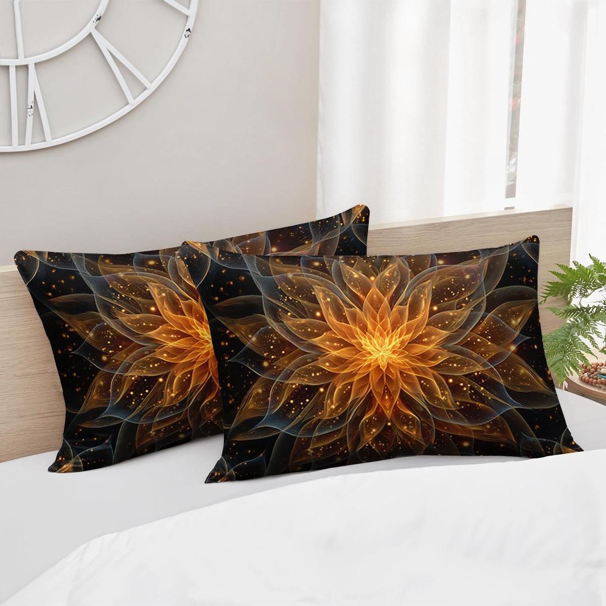 AILONEN Gold Lotus Queen Size Comforter Set - Boho Mandala Floral Duvet with 2 Pillowcases - 3Pcs Exotic Flowers Printed Black Bedding Set for Boys Girls