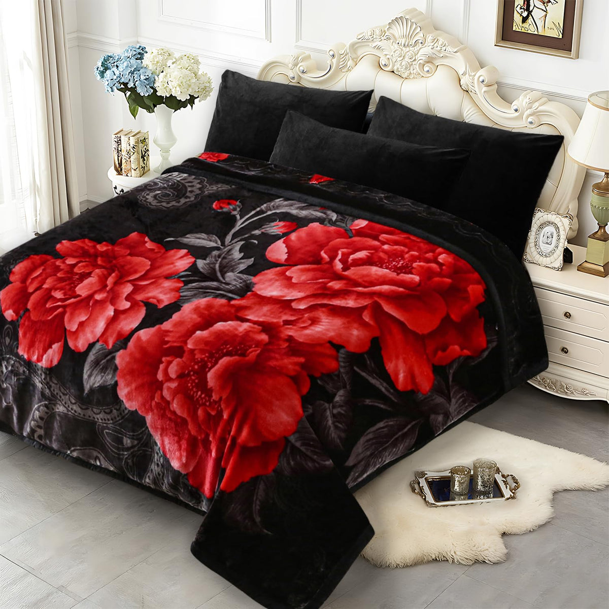 JYK Soft Blanket Korean Mink Blanket, 5 LB Fleece Blanket Queen 75'' x 87'' - 2 Ply Reversible 520GSM Super Soft Plush, Medium Thick, Warm Bed Blanket for Autumn Winter - Peony/Rose